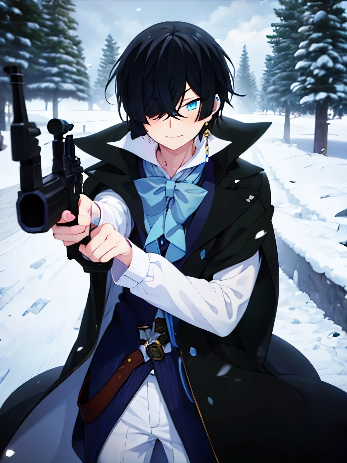 1boy,vanitas no carte,angry expression,Holding a firearm, shooting,Aiming at the viewer, at the north pole, snow storm