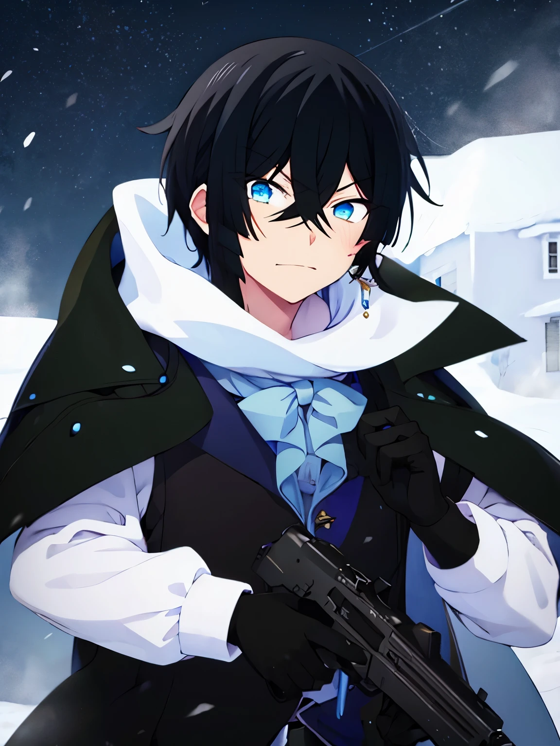 1boy,vanitas no carte,angry expression,Holding a firearm, shooting,Aiming at the viewer, at the north pole, snow storm