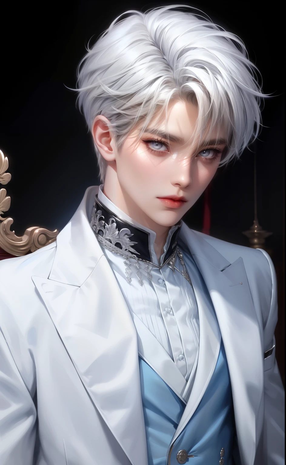 Boy, white hair, blue eyes, serious sharp features, white skin, shirt, jacket