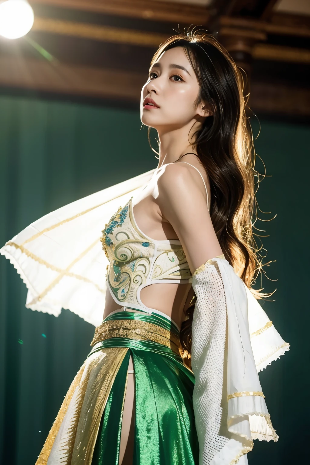 masterpiece, highest quality, realistic, (1 girl: 1.3), blue gold white clothes, shawl long hair, jump, take a leap, dance, green gold white clothes, long skirt, long scarf, flowing, light armor, skin as white as snow, bare shoulders, whole body, (from below:1.5), martial arts, dynamics, inflammation, particle