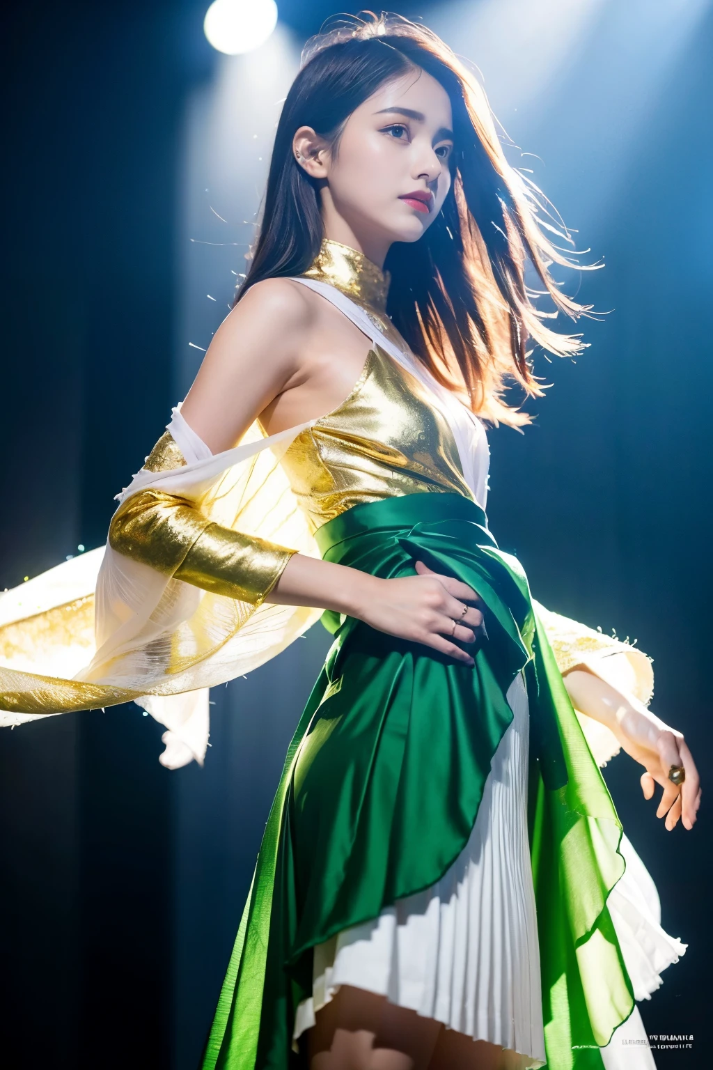 masterpiece, highest quality, realistic, (1 girl: 1.3), blue gold white clothes, shawl long hair, jump, take a leap, dance, green gold white clothes, long skirt, long scarf, flowing, light armor, skin as white as snow,  shoulders, whole body, (from below:1.5), martial arts, dynamics, inflammation, particle