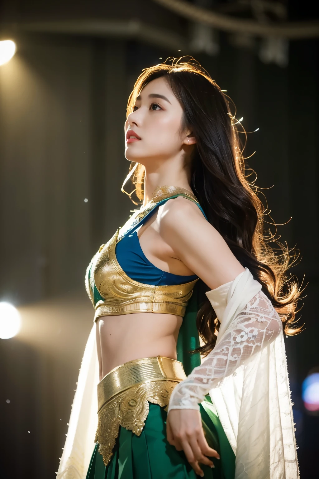 masterpiece, highest quality, realistic, (1 girl: 1.3), blue gold white clothes, shawl long hair, jump, take a leap, dance, green gold white clothes, long skirt, long scarf, flowing, light armor, skin as white as snow, bare shoulders, whole body, (from below:1.5), martial arts, dynamics, inflammation, particle