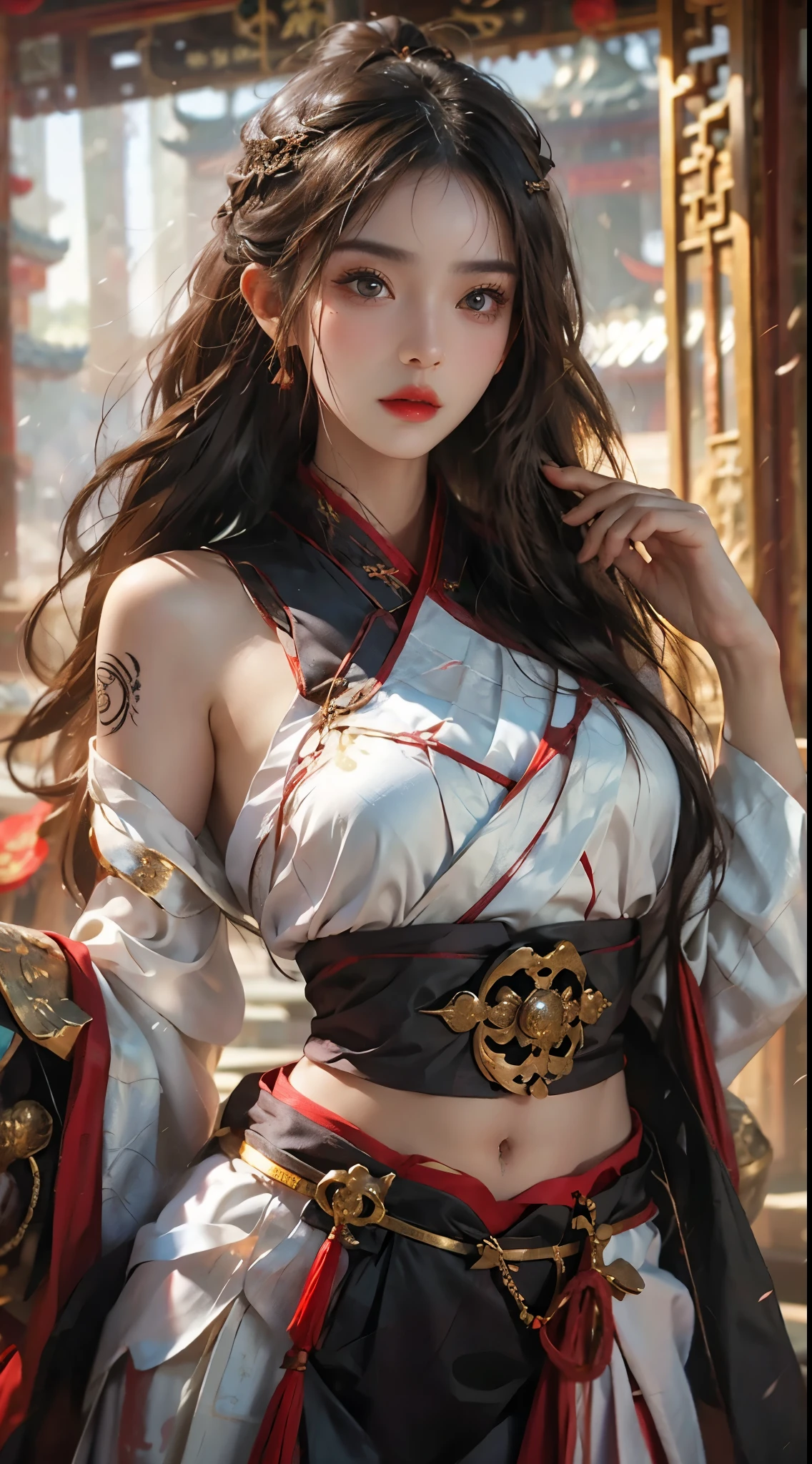 lifelike, high resolution, 1 female, Buttocks up, beautiful eyes, long hair, eye socket, jewelry, tattoo, Hanfu, Chinese fairy, Taoist clothing