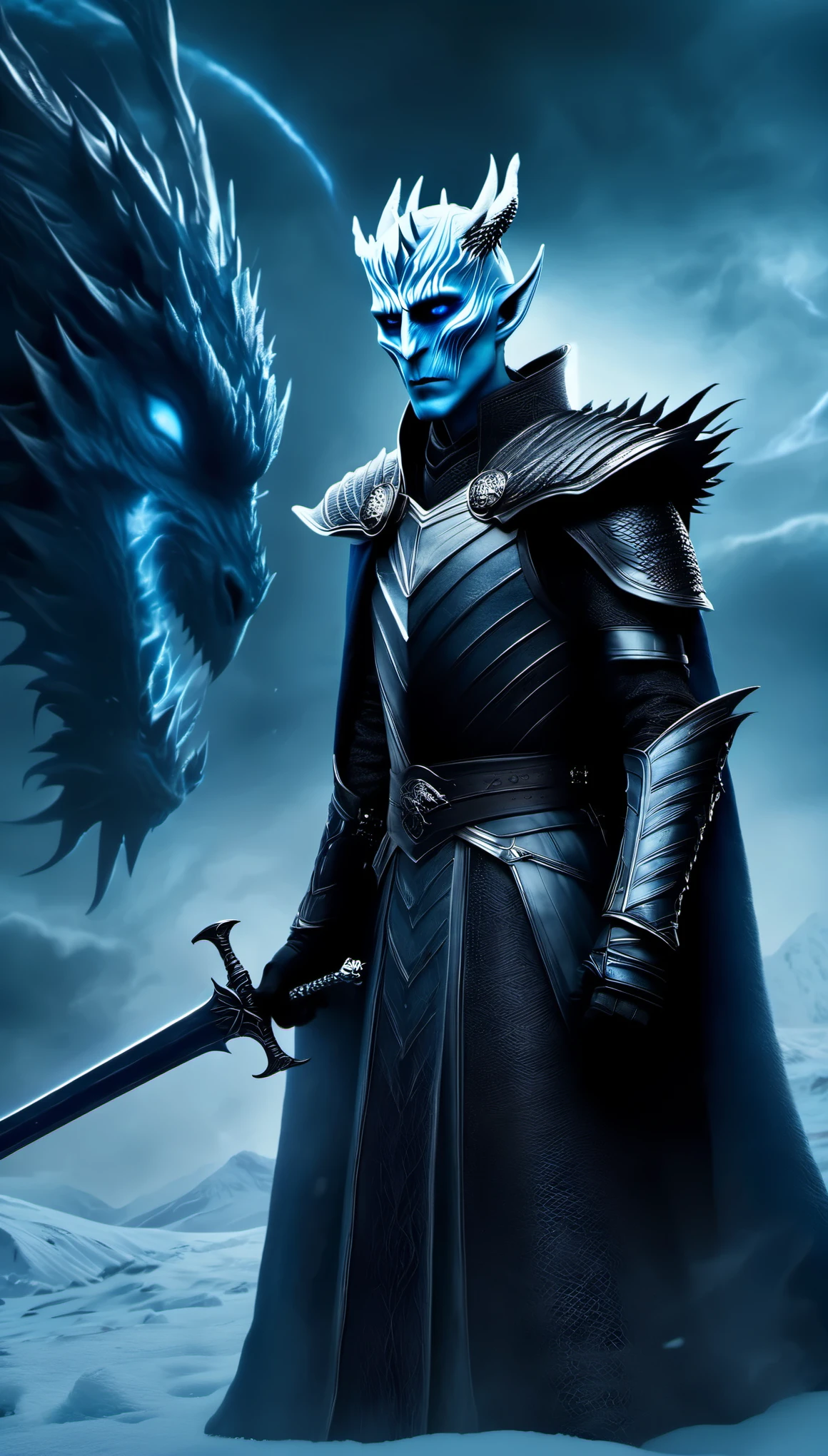 The appearance of the Night King is very unique。His face is like a withered bone，Gives people a dead and cold feeling。His figure is like a long sword，Tall and straight，Revealing a kind of majesty and strength。His skin is whiter than milk，In stark contrast to his overall image。
The Night King&#39;s eyes are deep blue，Burning coldly like black ice，It gives an unfathomable feeling。There was a kind of coldness and cruelty in his eyes，Let people。His armor suddenly turns as white as fresh snow as he moves，Suddenly dark as a long night，Like the ever-changing night sky。The armor is dotted with the deep gray-green of the foreseems to be telling his mystery and power。
The weapon in the Night King&#39;s hand emits a strange faint blue light，A light that seems to shine in the darkness。In a fight，His weapons make sounds like animal wails that exceed the limits of human hearing.，Let people心生恐惧。When the Night King Meets His Nemesis Dragonglass，He will bleed blue blood，This is one of his unique physical characteristics。