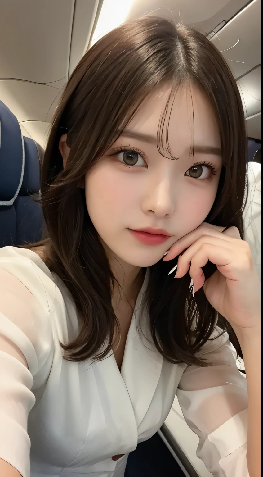 table top, highest quality, figure, super detailed, finely, High resolution, 8k wallpaper, 完璧なダイナミックな構figure, detailed and beautiful eyes,wavy hair,、natural color lip, bold sexy pose,20 year old girl、cute、The viewer's perspective is on the viewer's side.、close up of face、sexy face,high heels, stewardess uniform、look at the audience、(Inside the plane:1.2)、正面から見たfigure、shoulder、Absolute area(1.3)、KPOP idol face,cute,beautiful feet