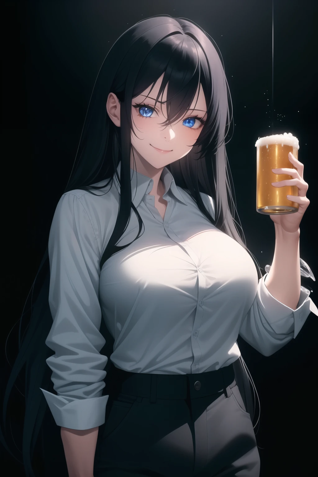 light particles, soft lighting, volumetric lighting, intricate details, finely detailed,
1girl, solo,
Black hair, long hair, flowing hair,
Blue eyes, long eyelashes, thick eyelashes, looking at viewer, Holding a beer cup, Drunk, smiling,
Untucked Unbuttoned White Shirt and rolled up sleeves, Black Pants, black bra,
black background, simple background,