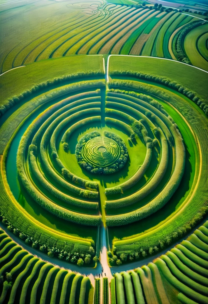 A mesmerizing aerial drone shot of a vast American cornfield, with a mysterious crop circle at the center. The rows of corn stretch out in perfect symmetry, forming an intricate pattern that leads to the enigmatic design of the circle. The cornstalks are a lush green, contrasting with the golden hues of the surrounding landscape. Shadows dance across the field, creating an otherworldly atmosphere that envelops the scene. The crop circle, with its intricately woven design, stands out against the sea of crops, inviting viewers to ponder the unknown. The artwork captures the intersection of nature and the unexplained, offering a unique and captivating perspective on the rural landscape.