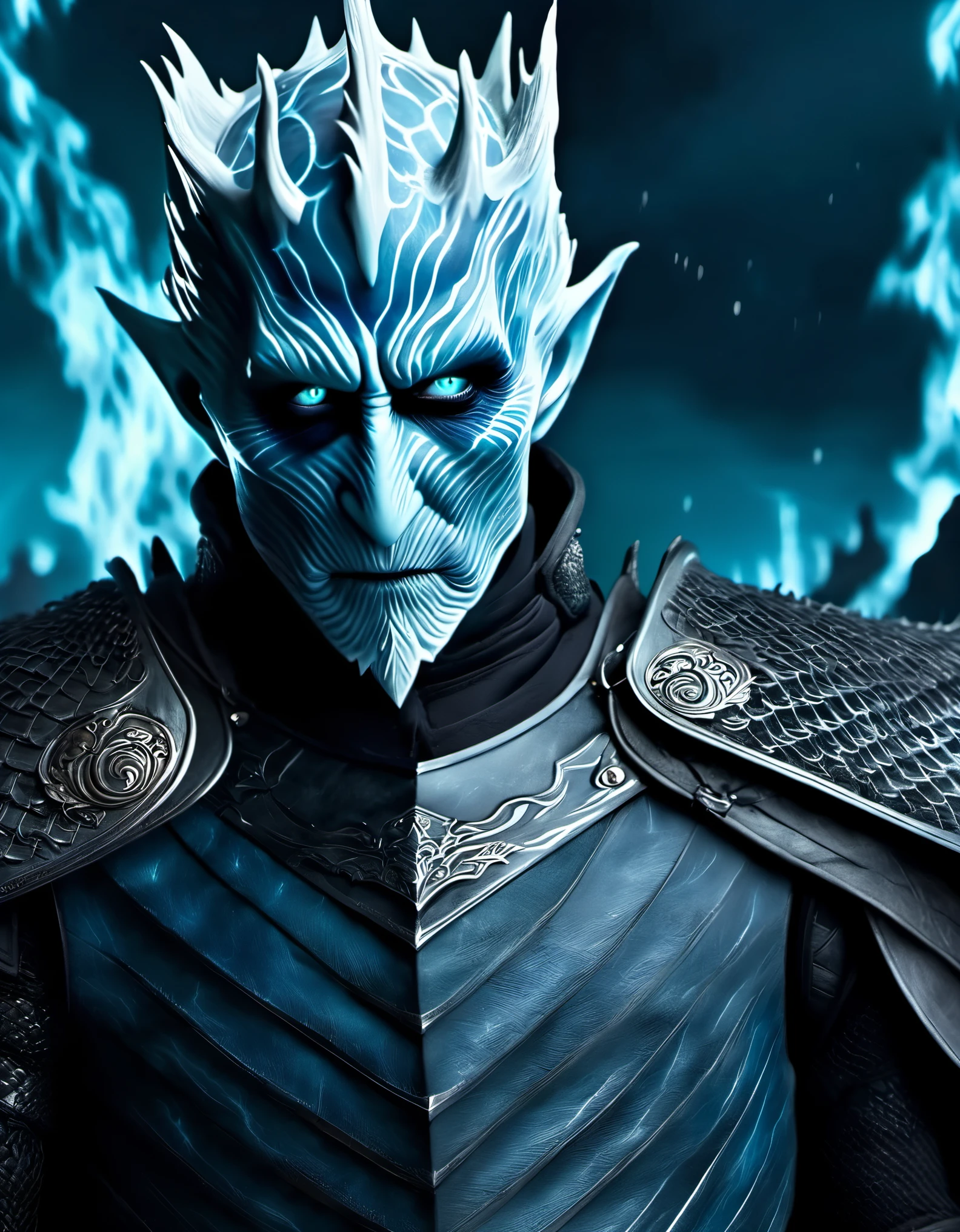 role conception，portrait，The appearance of the Night King is full of mystery、Cold and strong sense of power，The appearance of the Night King is very unique。His face is like a withered bone，Gives people a dead and cold feeling。His figure is like a long sword，Tall and straight，Revealing a kind of majesty and strength。His skin is whiter than milk，In stark contrast to his overall image。 The Night King&#39;s eyes are deep blue，Burning coldly like black ice，It gives an unfathomable feeling。There was a kind of coldness and cruelty in his eyes，Let people。His armor suddenly turns as white as fresh snow as he moves，Suddenly dark as a long night，Like the ever-changing night sky。The armor is dotted with the deep gray-green of the foreseems to be telling his mystery and power。 The weapon in the Night King&#39;s hand emits a strange faint blue light，A light that seems to shine in the darkness。In a fight，His weapons make sounds like animal wails that exceed the limits of human hearing.，Let people心生恐惧。When the Night King Meets His Nemesis Dragonglass，He will bleed blue blood，This is one of his unique physical characteristics。
