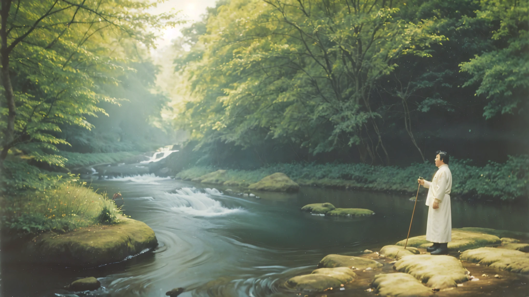Capa de livro de fantasia sombria dos anos 1980, of an American Akita wizard standing by a stream performing curses