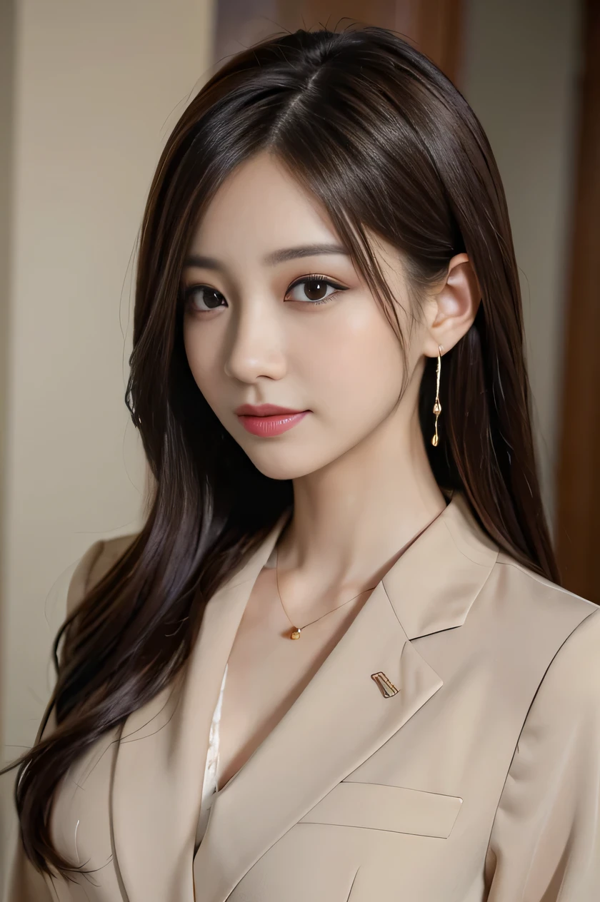 ulzzang-6500-v1.1,(8K, Best Quality, Masterpiece: 1.2),table top, highest quality, realistic, super detailed, finely, High resolution, 8k wallpaper, 1 beautiful woman,, light brown messy hair, wearing a business suit, sharp focus, perfect dynamic composition, detailed and beautiful eyes, fine hair, Detailed and realistic skin texture, smile, close-up portrait, model body shape