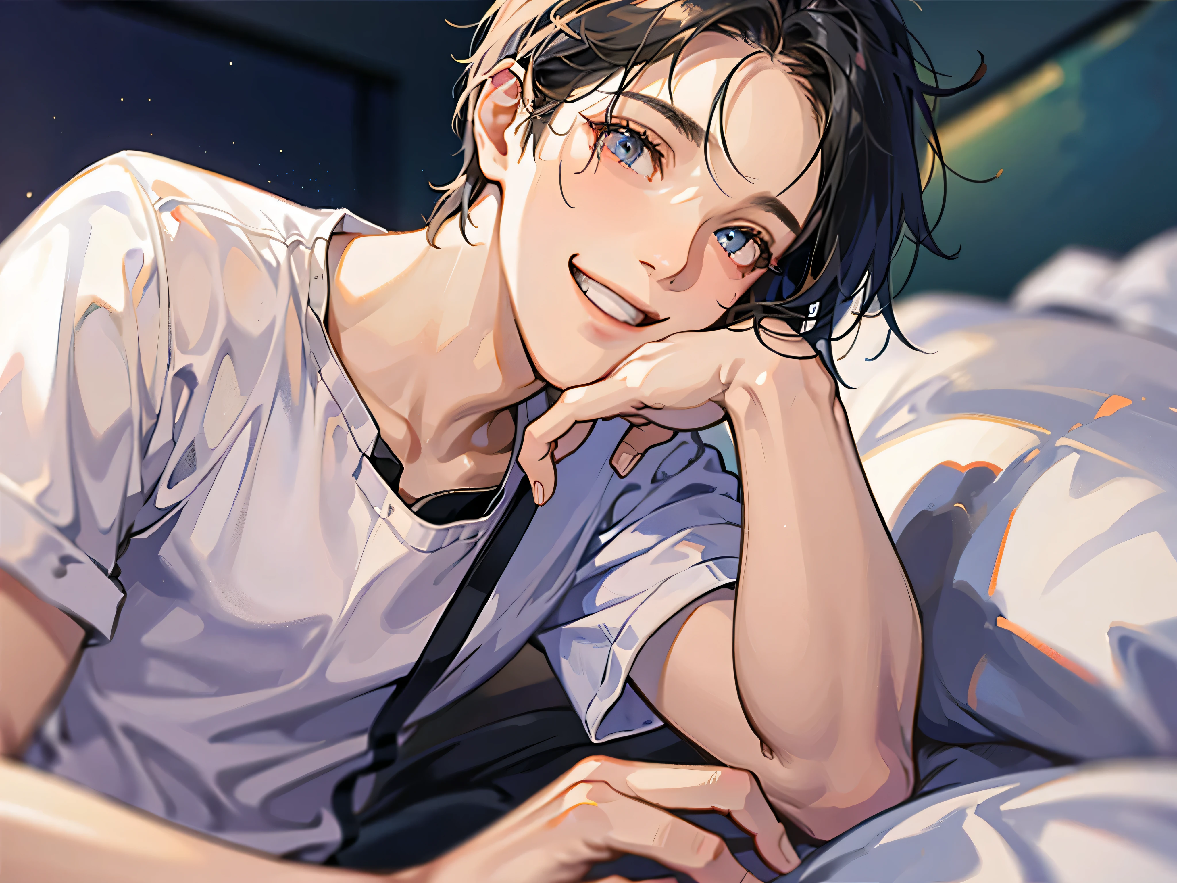 bite mark on neck,grab your neck,male,masterpiece, high quality, 最high quality, hd,perfect lighting, detailed face, detailed body, 1 person, short black hair, white t-shirt, (smile: 1.5), sitting, bed, in the room,night
