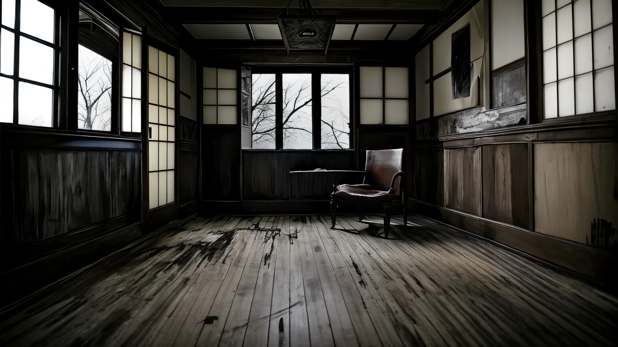 ((masterpiece)), ((highest quality)), horror、landscape、darkness、spirit、abandoned house、Japan、