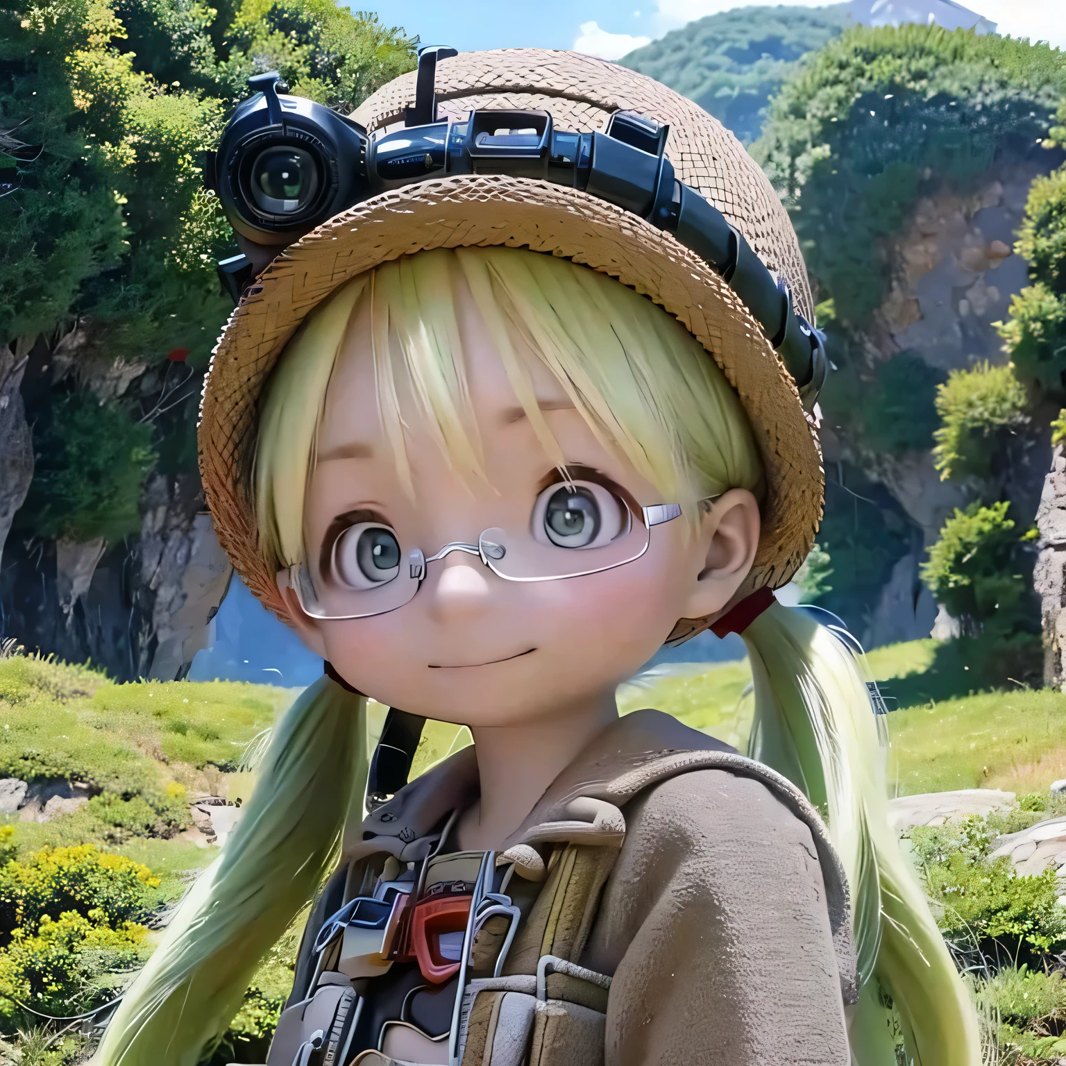 (highest quality,masterpiece:1.2),super detailed,(realistic,photorealistic,photo-realistic:1.37),portrait,character,anime,Rico,Made in Abyss,black rim glasses,smile,straddle