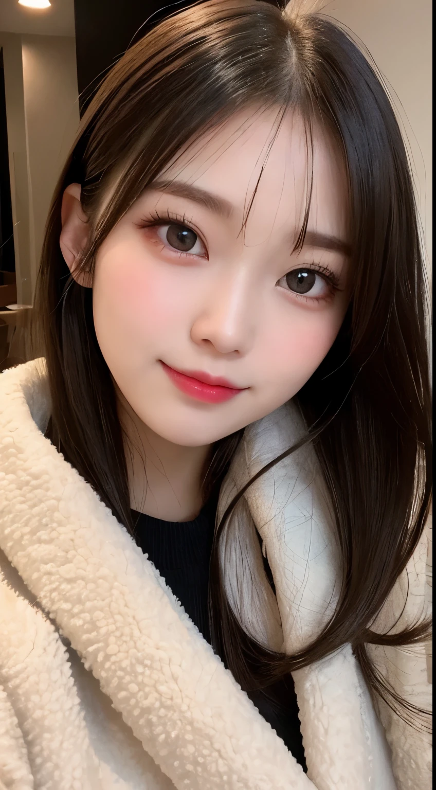 table top, highest quality, shape, Super detailed, finely, High resolution, 8k wallpaper, 完璧なダイナミックな構shape, beautiful and detailed eyes, Gorgeous black fluffy Tokyo winter clothes,ランダムなcute髪,,natural color lip, bold sexy pose,smile、20 year old girl、cute、sexy shot looking at camera,Always blur the background,perfect and beautiful face,Take only the face,beautiful and detailed face、slim face and style,Big eyes、do gal makeup,small face,Wearing a luxury brand mink coat