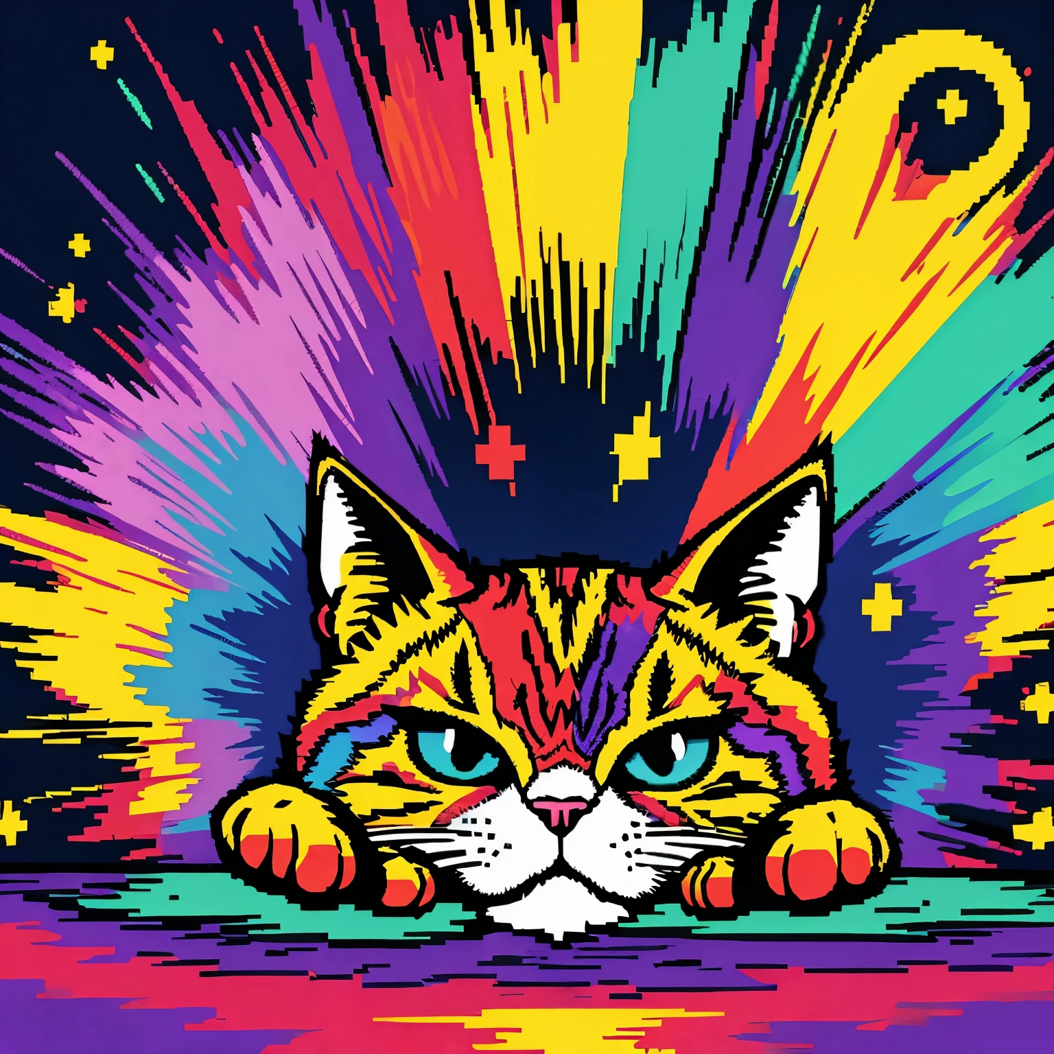 Pixel art，Cat，anger，the background is magnificent，Colorful fur，bold color pattern，