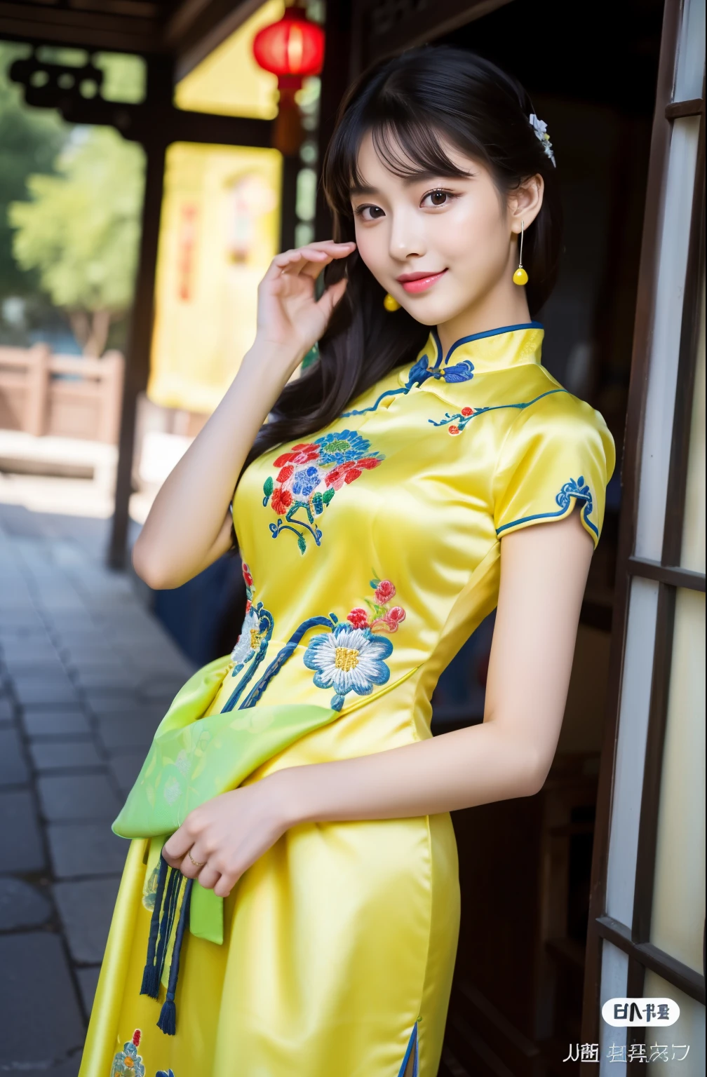 ulzzang-6500-v1.1,(Masterpiece, BestQuality:1.3),(Top image quality,8K:1.3),Realistic high-quality photos,top-quality,Real, Photorealistic, 8K, Delicate beautiful girl,Very nice atmosphere with sparkling eyes,20yo, Attractive eyes and moist lips,long black hair,(smile:1.3),detailed depiction of the face,Formula details,Detailed depiction of facial features Star Masterpiece Fine Detail,Please explain your role in detail,Detailed depiction of hair,carefully drawn ,My body is bumpy,Detailed depiction of hands,detailed costumes,detailed depiction of the face,perfect face,Detailed depiction of hands,4 fingers and 1 thumb:1.3),orthofacial,choker necklace,ear drops, works of masters,extremely close to reality,(full body photo:1.5),best image quality,best quality,endless details,(((Beautiful patterned embroidered Chinese dress 1.3))),((yellow cheongsam dress))),(ancient courtyard scene:1.3),laughter, small of the waist, sexy pose,bold pose, Beautiful legs visible through the slit of a long skirt, big and full breasts, neatly tied hair