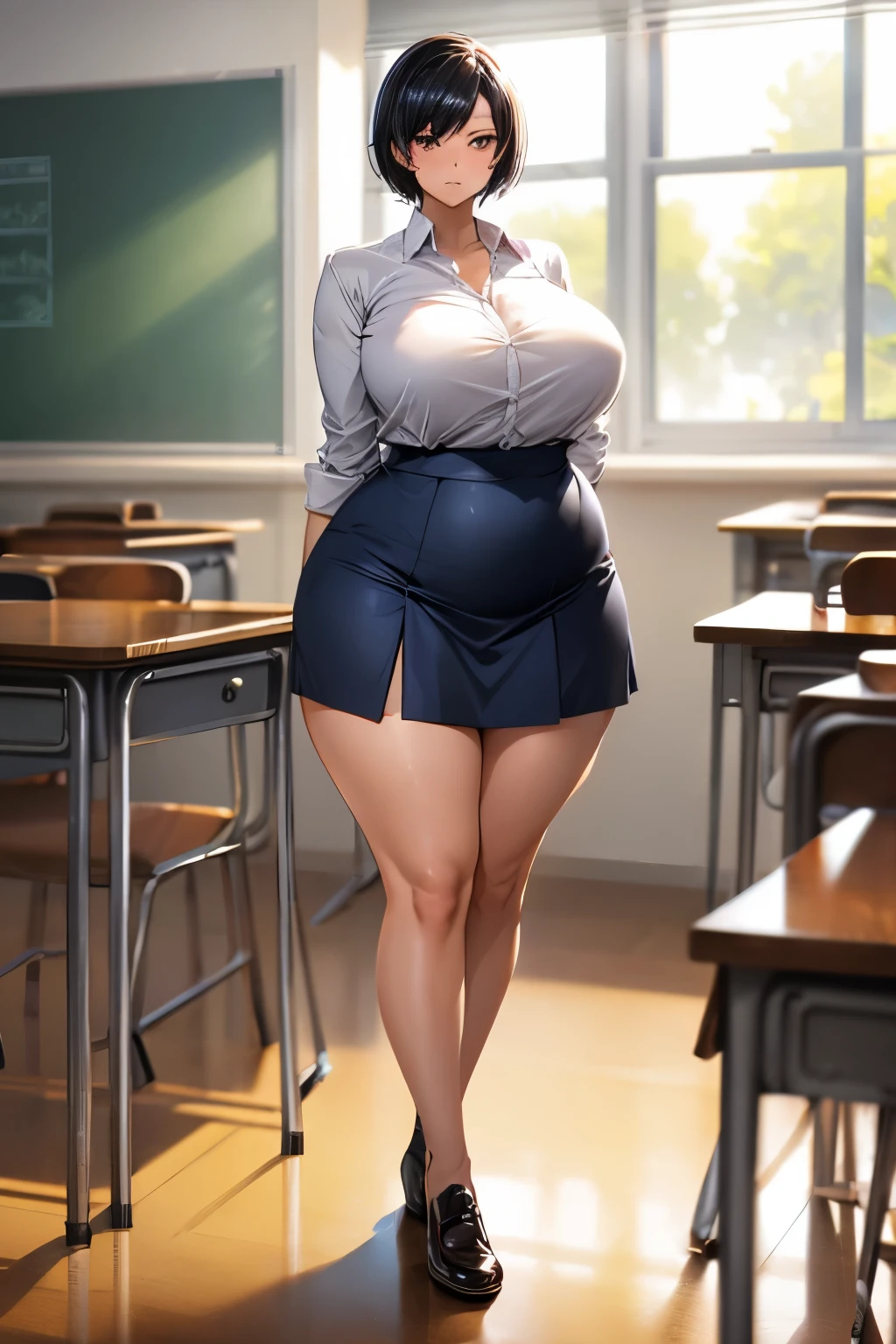 Solo highest quality, masterpiece, Very detailed CG, Highly detailed 8K wallpaper, indoor, classroom, masterpiece, highest quality, extreme details, plus size model, Plump thighs,plump legs,sharp focus, intricate details, 1 girl, huge breasts, High resolution, white school shirt, navy blue skirt, 8k, Tomboy, black hair, brown eyes, woman, Fair skin, sensual, short black hair, high high school girl, Are standing, hourglass illustration, cool face, short hair, sharp and cool face, calm expression, Fair skin, quite tall, full body shot, , high school girl, white shirt, brown eyes, didn't write, cross your arms underneath(huge breasts 1.8)