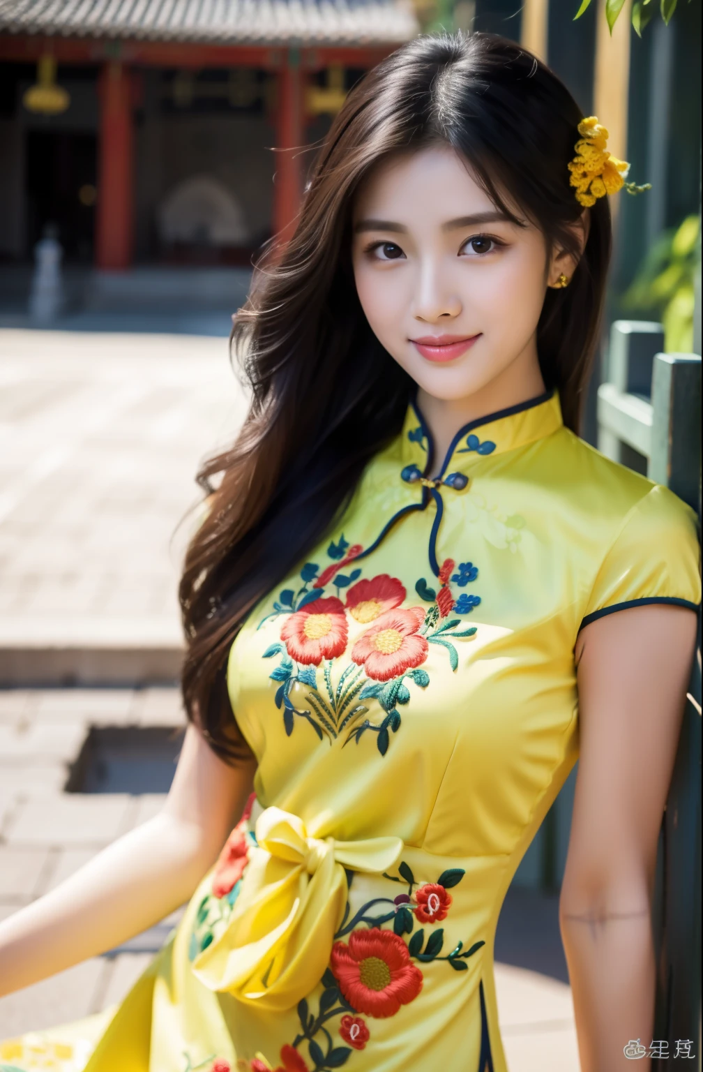 ulzzang-6500-v1.1,(Masterpiece, BestQuality:1.3),(Top image quality,8K:1.3),Realistic high-quality photos,top-quality,Real, Photorealistic, 8K, Delicate beautiful girl，Very nice atmosphere with sparkling eyes，20yo, Attractive eyes and moist lips，long black hair，（smile：1.3），detailed depiction of the face，Formula details，Detailed depiction of facial features Star Masterpiece Fine Detail，Please explain your role in detail，Detailed depiction of hair，carefully drawn ，My body is bumpy，Detailed depiction of hands，detailed costumes，detailed depiction of the face，perfect face，Detailed depiction of hands，4 fingers and 1 thumb：1.3），orthofacial，choker necklace，ear drops, works of masters，extremely close to reality，（full body photo：1.5），best image quality，best quality，endless details，(((Beautiful patterned embroidered Chinese dress 1.3)))，((yellow cheongsam dress)))，（ancient courtyard scene：1.3）,laughter, small of the waist, sexy pose,bold pose, Beautiful legs visible through the slit of a long skirt, big and full breasts, neatly tied hair