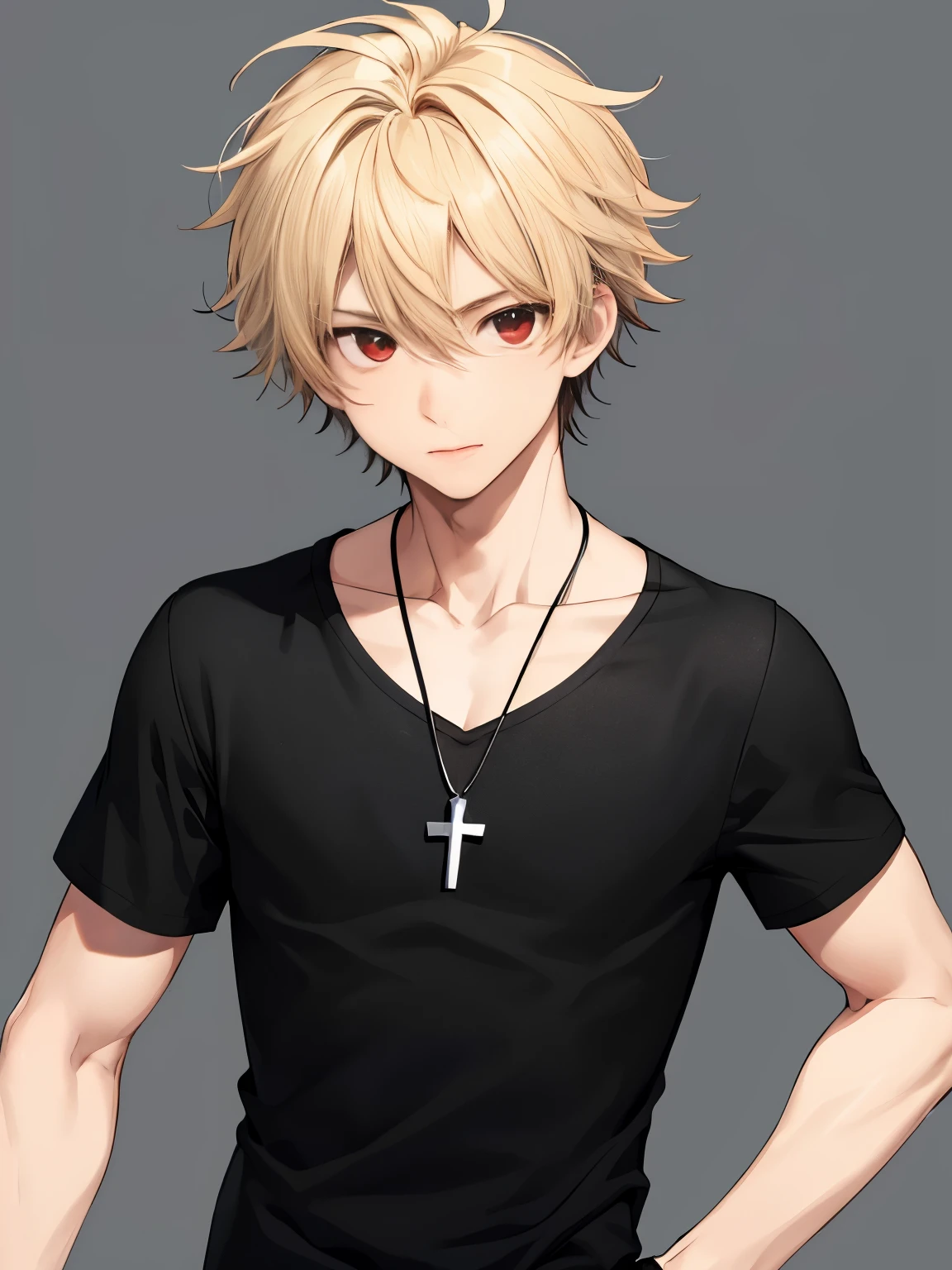 1 boy,solo,20 years old,running around,half body photo,cross necklace,handsome,messy hair,Perfect face, detailed face, short hair, blonde hair,black t-shirt, Plain t-shirt,black t-shirt,short sleeve t-shirt,black trousers, Long pants,red eyes,bright red eyes, vampire