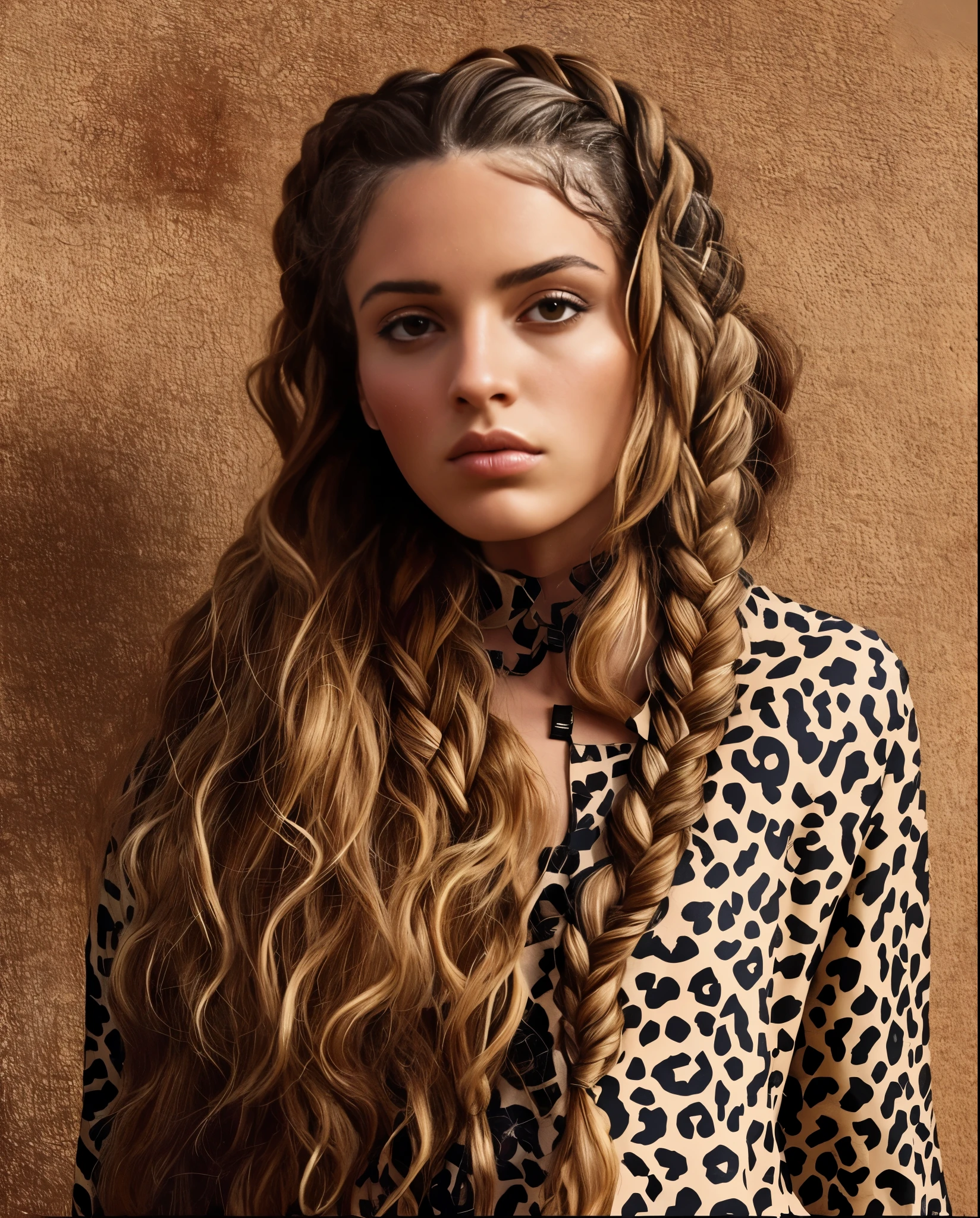 um close de uma mulher com cabelos longos vestindo uma jaqueta com estampa de leopardo, woman with braided brown hair, long braided hair on top of head, long braided curly brown hair, por Daniel Lieske, por Daniel Seghers, inspired by Isaiah Boursse, braided brown hair, parece a Laura Barriales, malika favre, por Anna Haifisch