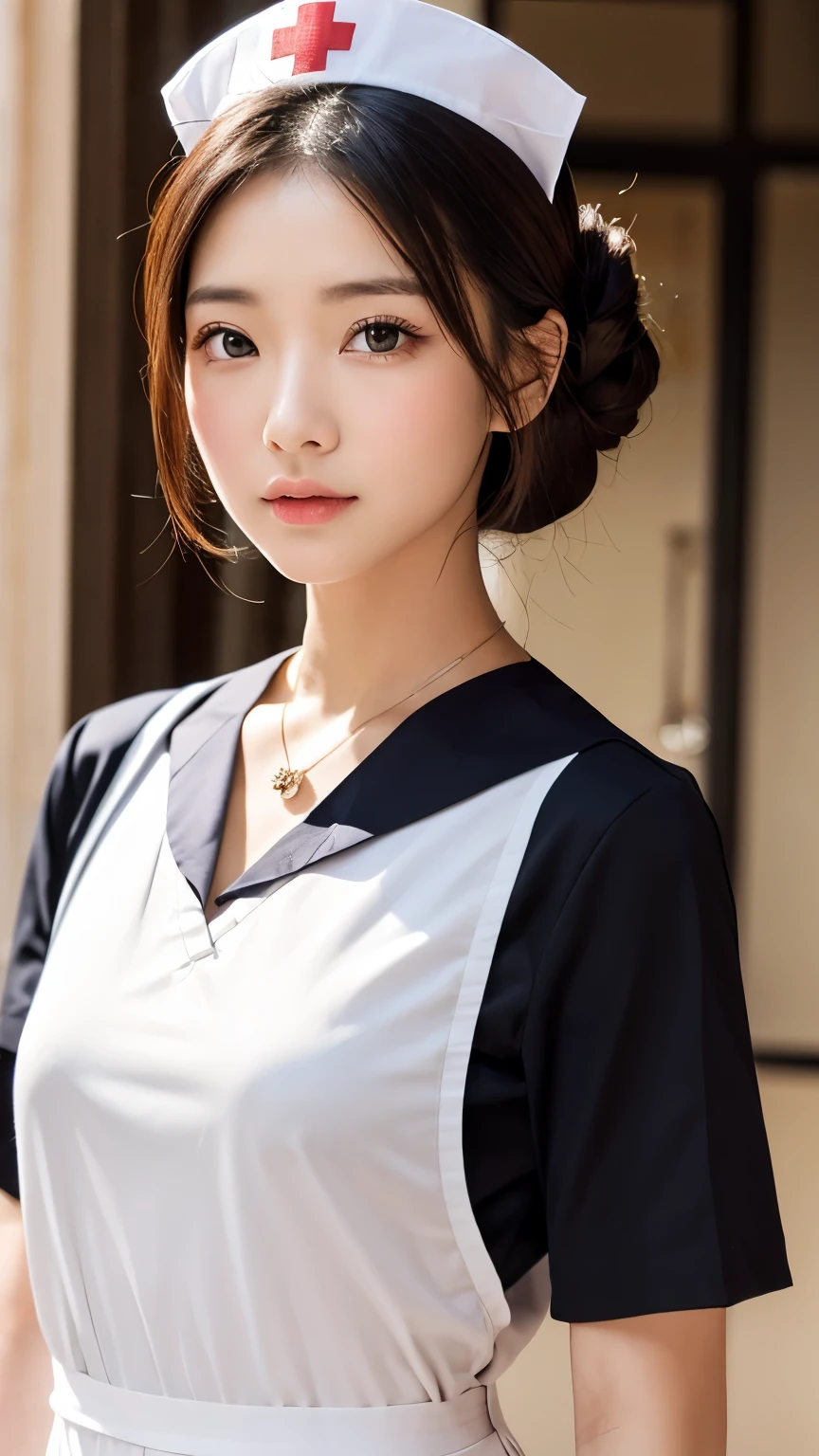 (nurse:1.3), nurse、白いnurse服:1.3, (masterpiece:1.3)、Super detailed finish、(High resolution、8k:1.3)、(highest quality、Ultra-realistic as a photo:1.5)、sharp focus, 超High resolutionの顔、the face is in focus、Ultra high definition and beautiful eyes、Eyes are symmetrical:1.3、I&#39;m looking at you with focused eyes、High-definition and beautiful skin、firm skin、1 girl, 18-year-old、cleavage, very cute:1.3、kawaii:1.3, natural makeup, glossy lips、thin necklace、anxious look, wet eyes:1.3, blush:1.3, embarrassing:1.3、looking at the viewer, half updo