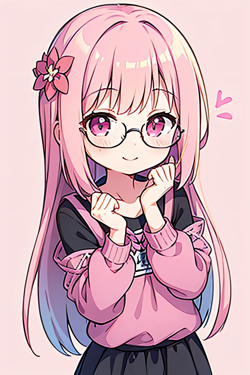 1girl, medium hair, pink hair, pink eyes, wearing casual outfit, pure long hair, in-house, hair flower ornaments, smile, wearing round glasses, close eyes, pink background