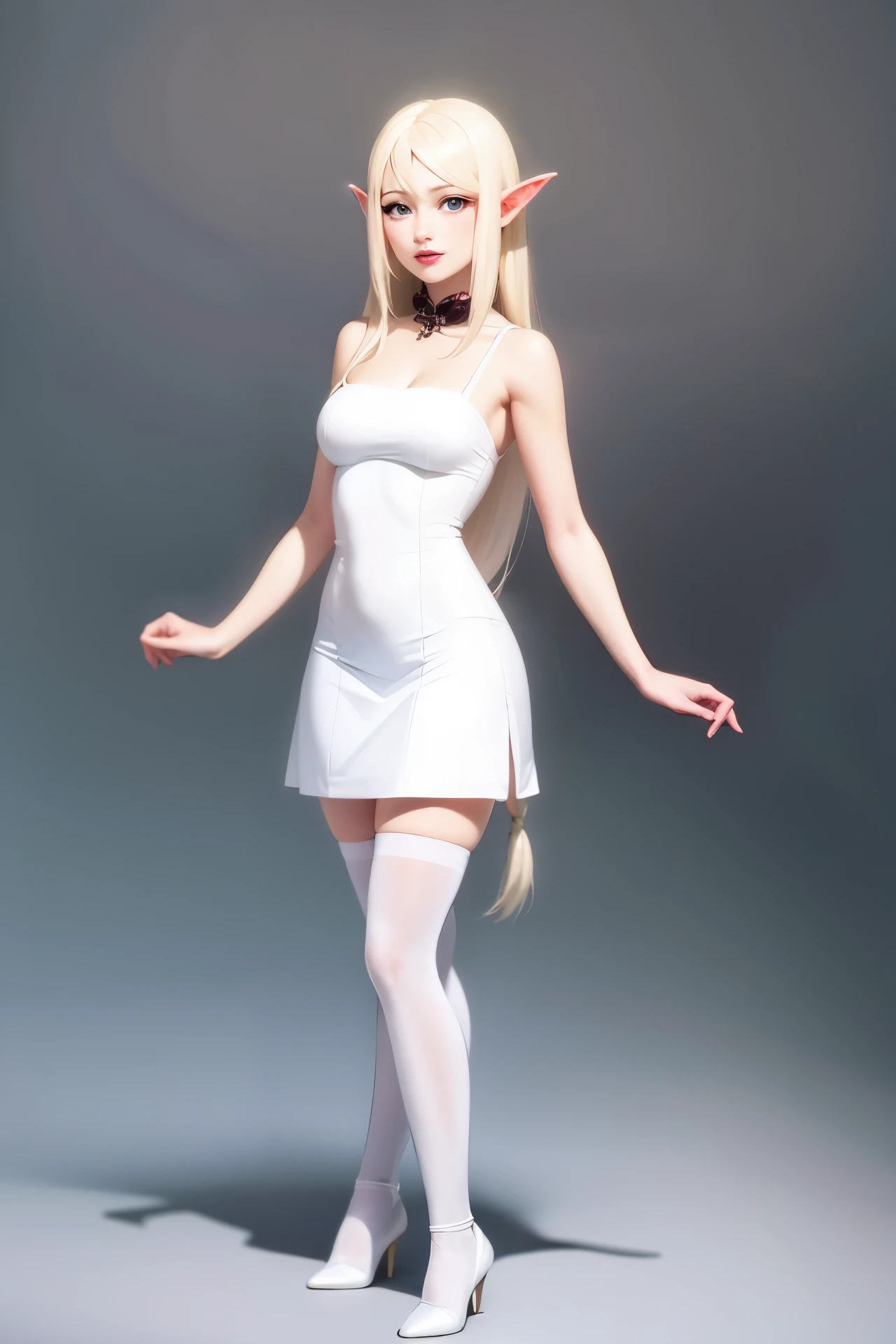 Best quality, elf, white, white stockings, sexy, gothic dress, classical, three-dimensional