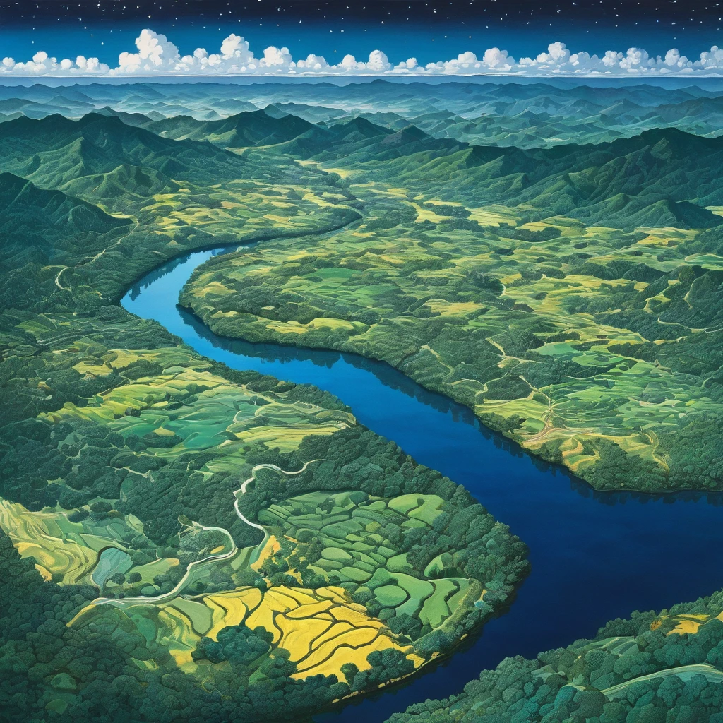 Aerial View, aesthetic, extremely detailed, Aerial View,sweeping panoramic expanse,patchwork quilt of fields,ribbon-like meandering rivers,steel-and-glass urban sprawl,fleeting shadows of passing clouds,terrain undulating with hills and valleys,dappled sunlight kissing treetops,muted palette of earth tones,night,low-light amplification,star-speckled sky,moonlit landscape,ethereal glow from distant towns,shadows stretching into oblivion,camera settings,wide aperture,high ISO,slow shutter speed,steady drone stabilization,manual focus adjusted for infinite view,mood/feelings and atmosphere,tranquil serenity,quietude of the world from above,melancholic beauty in isolation,sublime sense of scale,artistic medium as well as techniques,digital painting,oil on canvas,pointillism,panoramic photography,multiple exposure layering,artists, illustrators, painters, art movements,David Hockney,Yayoi Kusama,Bob Ross,Andy Warhol's pop art,Hudson River School,Japanese Ukiyo-e