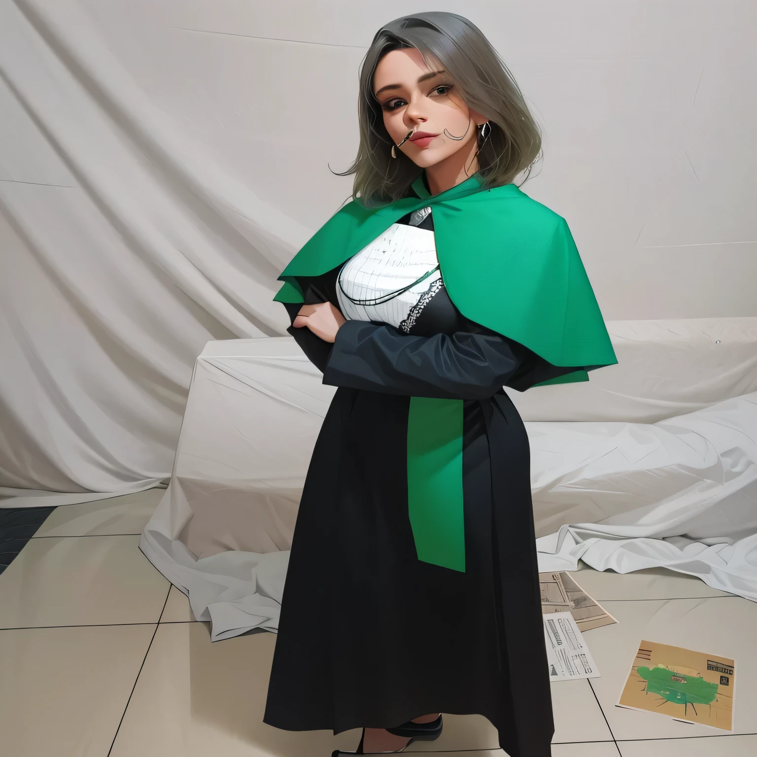 mulher arafa com um manto verde e preto e um vestido branco e preto, vestido verde com capuz preto, wearing an academic dress, com um manto verde, capa verde, vestindo uma capa verde, vestindo capa verde, vestido como roupa de juiz, com capa, vestido com um manto verde, vestindo apenas um manto verde, black cloak from neck to ankles