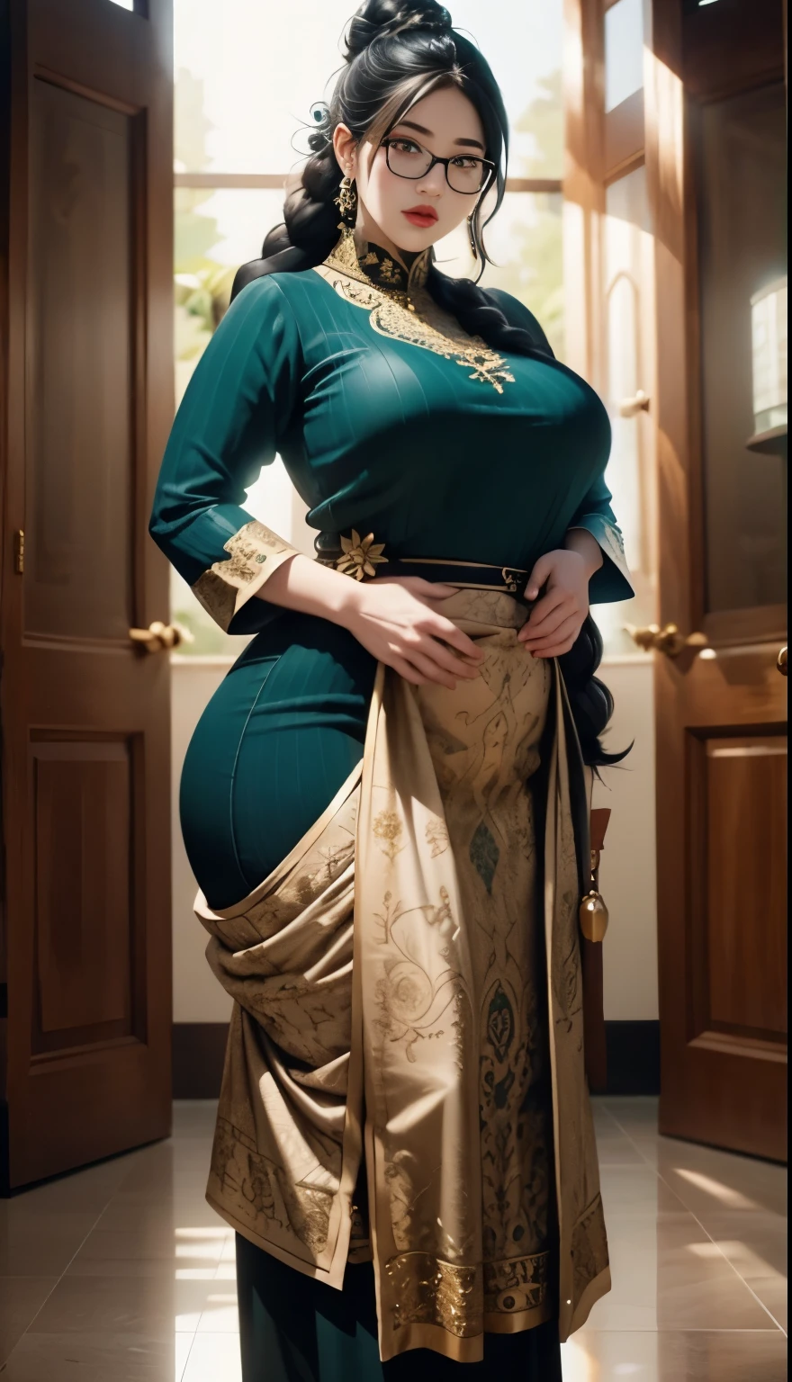 1girl, huge breast, black hair, green eyes,high quality, ultra detailed, masterpiece, realistic, gamis clothes,braid,standing, slightly fat arms , slightly fat belly 