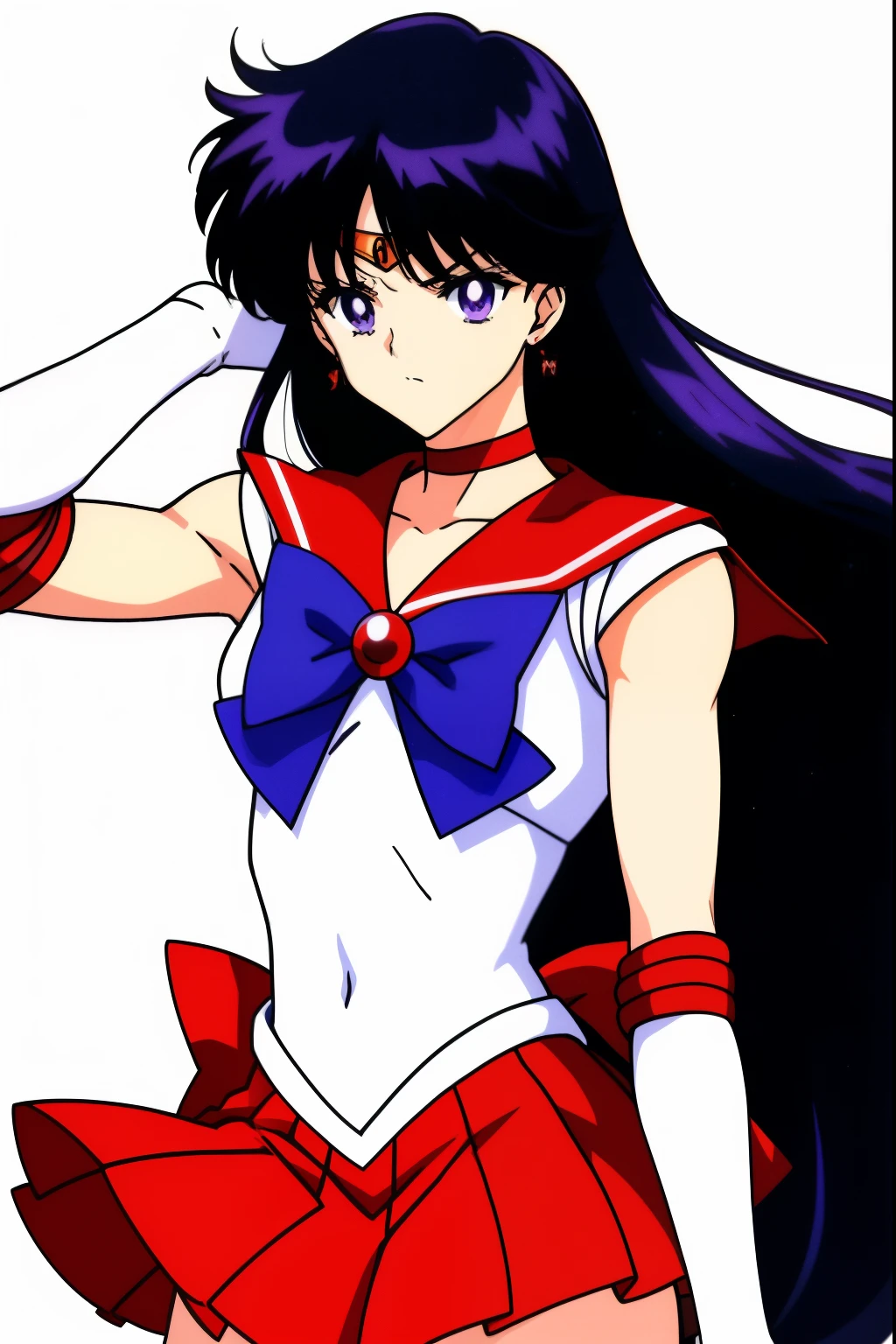 highest quality anime art、masterpiece、high definition anime art、4Kstyle、High resolution、sailor mars、anime boy、かっこいいanime boy、gender change、gender change(girl to boy)、sailor warrior uniform、Rei Hino、Masculinization、solo、red sailor collar、blue bow tie、boy with very long black hair、flames around him、skirt、magical boy、red choker、white leotard、high leg leotard、white dress, traditional_media、fire、liparker_(medium)、red skirt、neck、Upper body、burning、elbow bag、wearing makeup、jewelry、golden circlet、glaring at、white gloves、eyelash、red lipstick、mocking、muscular man、flame、blue_bow、mini skirt、pleated skirt、bare shoulders、red_back_bow、muscular and strong body、blue_bow_tie、earrings、boy with purple eyes、black eyed boy、multicolored_background、covered_navel、Hymn to the King as a Prince、(1990s\(style\):0.9)