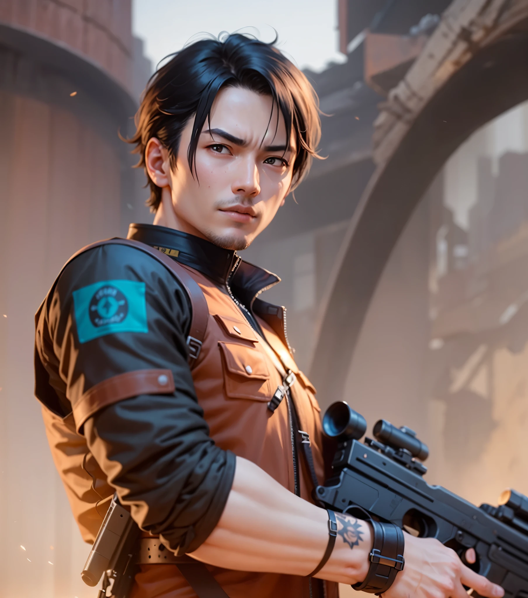 man ,亚洲man,Hold a gun in both hands,Look at the camera,resident Evil,Realistic skin texture,black hair,black eyes,realistic hair,Hair with layers,with rifle in hands ,shabby clothes,Rich colors,bright colors,game rendering,close-up,best quality, high resolution:1.2, 4k,Lots of details,game art,Masterpiece,top quality, 超high resolution, light,