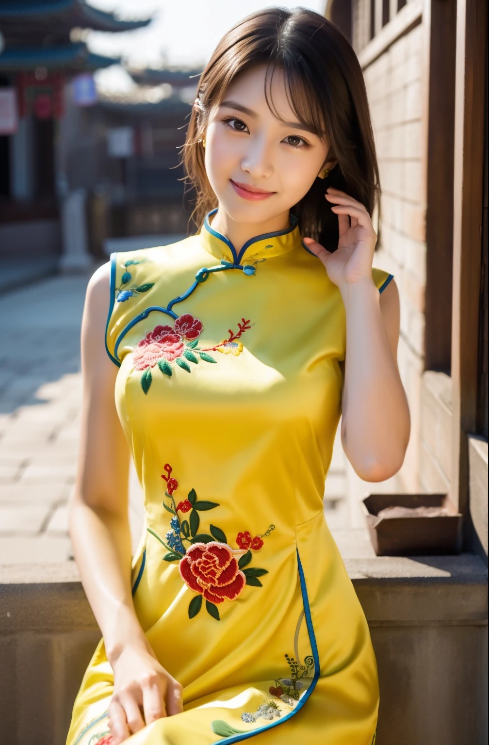 ulzzang-6500-v1.1,(Masterpiece, BestQuality:1.3),(Top image quality,8K:1.3),Realistic high-quality photos,top-quality,Real, Photorealistic, 8K, Delicate beautiful girl,Very nice atmosphere with sparkling eyes,20yo, Attractive eyes and moist lips,long black hair,(smile:1.3),detailed depiction of the face,Formula details,Detailed depiction of facial features Star Masterpiece Fine Detail,Please explain your role in detail,Detailed depiction of hair,carefully drawn ,My body is bumpy,Detailed depiction of hands,detailed costumes,detailed depiction of the face,perfect face,Detailed depiction of hands,4 fingers and 1 thumb:1.3),orthofacial,choker necklace,ear drops, works of masters,extremely close to reality,(full body photo:1.5),best image quality,best quality,endless details,(((Beautiful patterned embroidered Chinese dress 1.3))),((yellow cheongsam dress))),(ancient courtyard scene:1.3),laughter, small of the waist, sexy pose,bold pose, Beautiful legs visible through the slit of a long skirt, big and full breasts, neatly tied hair