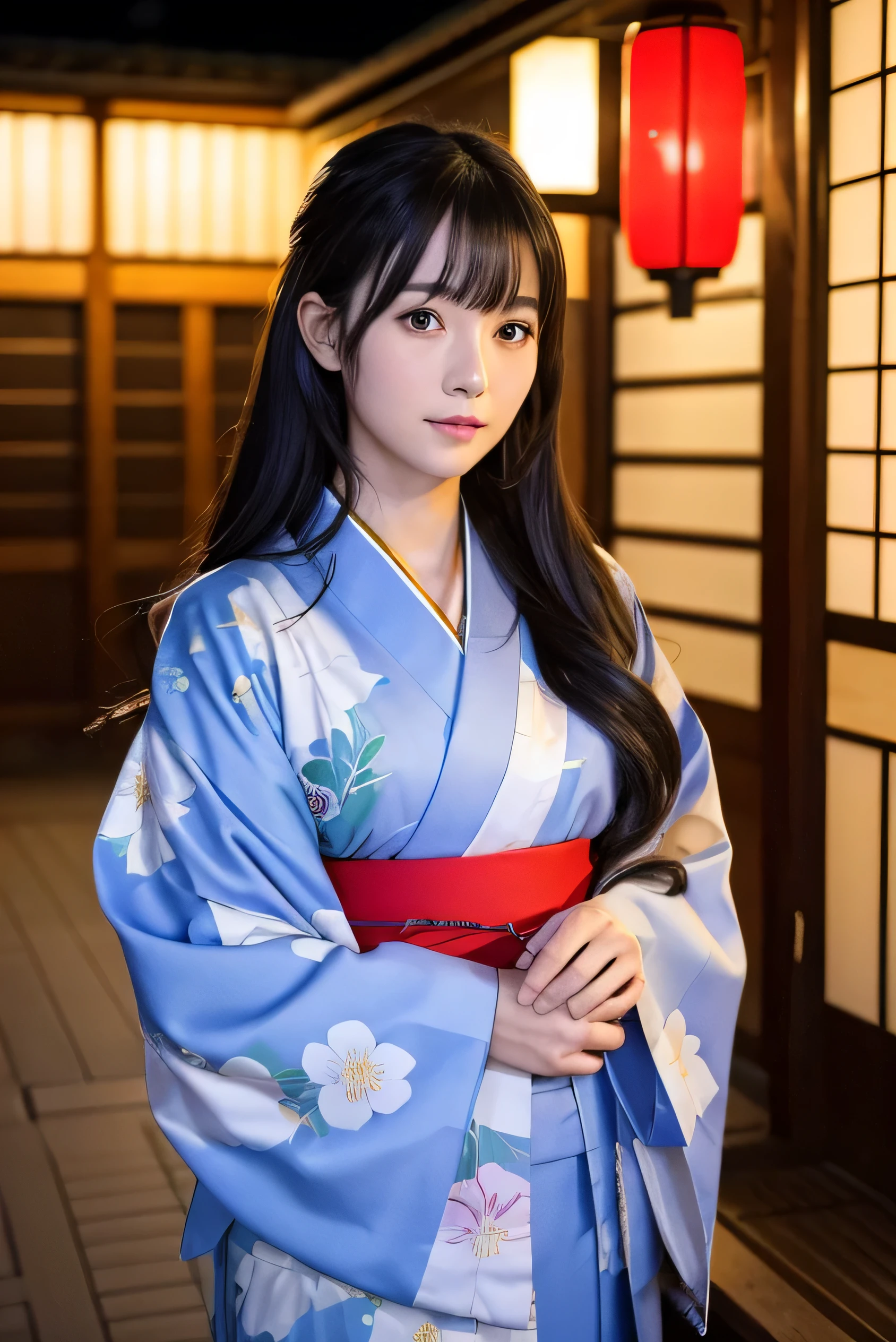 High resolution　high quality　beauty　A woman wearing a yukata at a hot spring inn　　masterpiece、Highest品質、　long hair　25 years old　black hair　long hair　Kyoto cityscape　blush　bangs　oily skin　beautiful skin　nightの京都　wet eyeovies about Japanese women with black eyes　street　genuine　tie hair　cute　adult　beautiful　Highest　night　　gorgeous hair ornament　hairpin　kimono　kimono　23 year old female　small face
