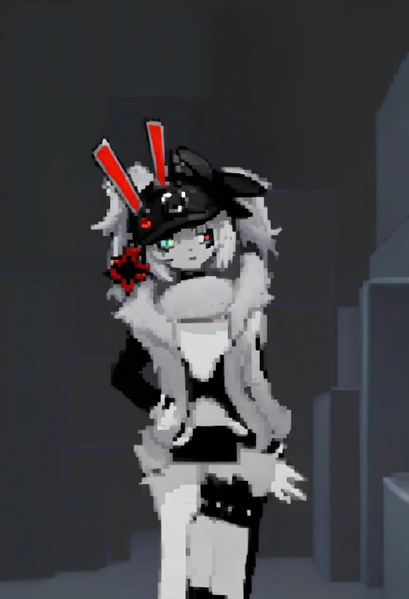 anime girl with a black and white outfit and a black and white hat, with a weird hat, wearing cybernetic bunny ears, holding a pudica pose, vrchat, an ahoge stands up on her head, roblox avatar, 2b, 2 b, hyper - goth, crown of (((white lasers))), gapmoe yandere grimdark