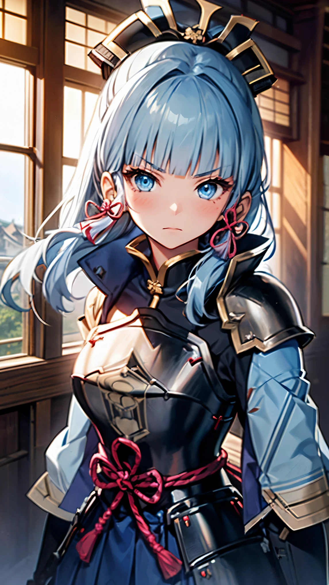 look at viewer, 1 girl,  best quality, blue hair, blue eyes, Japanese-style armor, sword in hand, Electrical, kamisato ayaka, whole body, blush, serious face、Super detailed、High level image quality、High resolution、Depth of the bounds written、castle town,Japanese sword with long blade