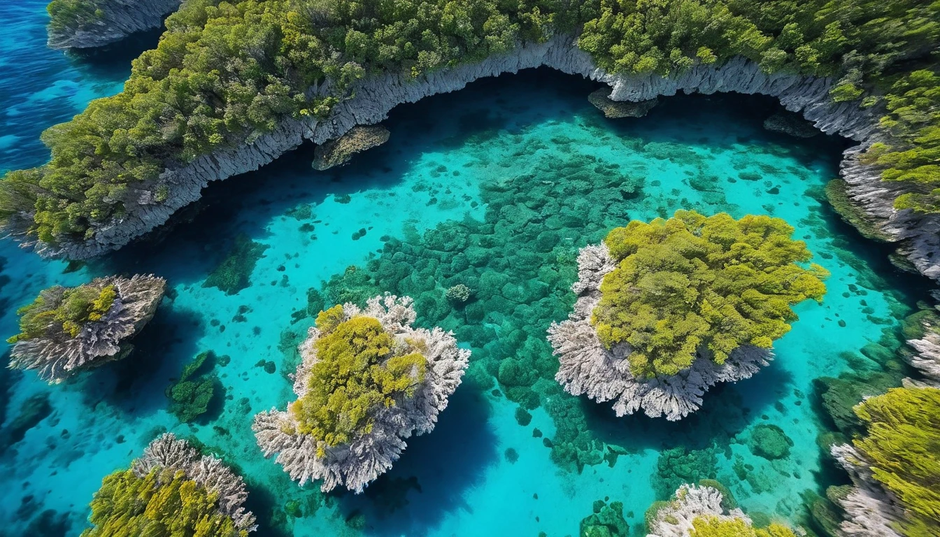 A mesmerizing aerial drone photograph of a pristine underwater landscape. The crystal-clear waters are filled with vibrant coral reefs and diverse marine life. The drone's lens captures the intricate dance of colors beneath the surface, with sunlight casting ethereal patterns on the flora and fauna. The underwater topography is revealed, highlighting breathtaking drop-offs and hidden caves. The overall atmosphere of the image is tranquil yet dynamic, immersing viewers in the enchanting world beneath the waves.
