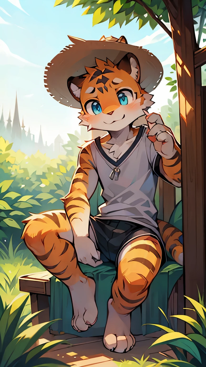 Strong,The right body shape,farmer,outstanding,comfortable,tiger,type,Facial features correct,natural posture,blue eyes,alone,correct limbs,in the forest,adventure,correct body structure,Legs normal,body coordination,Blue focus,happy,Collect plants,straw hat