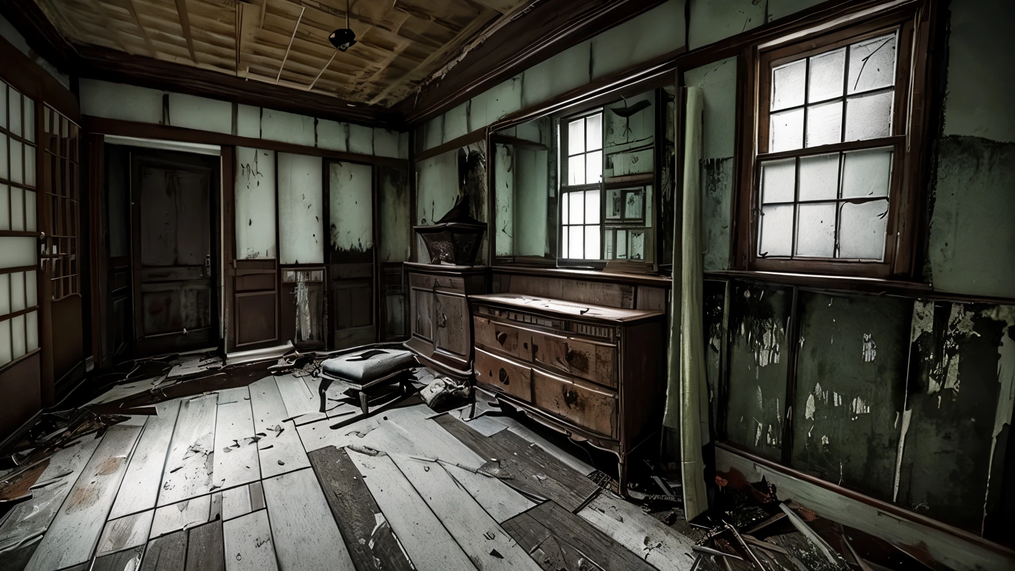 ((masterpiece)), ((highest quality)), horror、darkness、spirit、abandoned house、Japan、