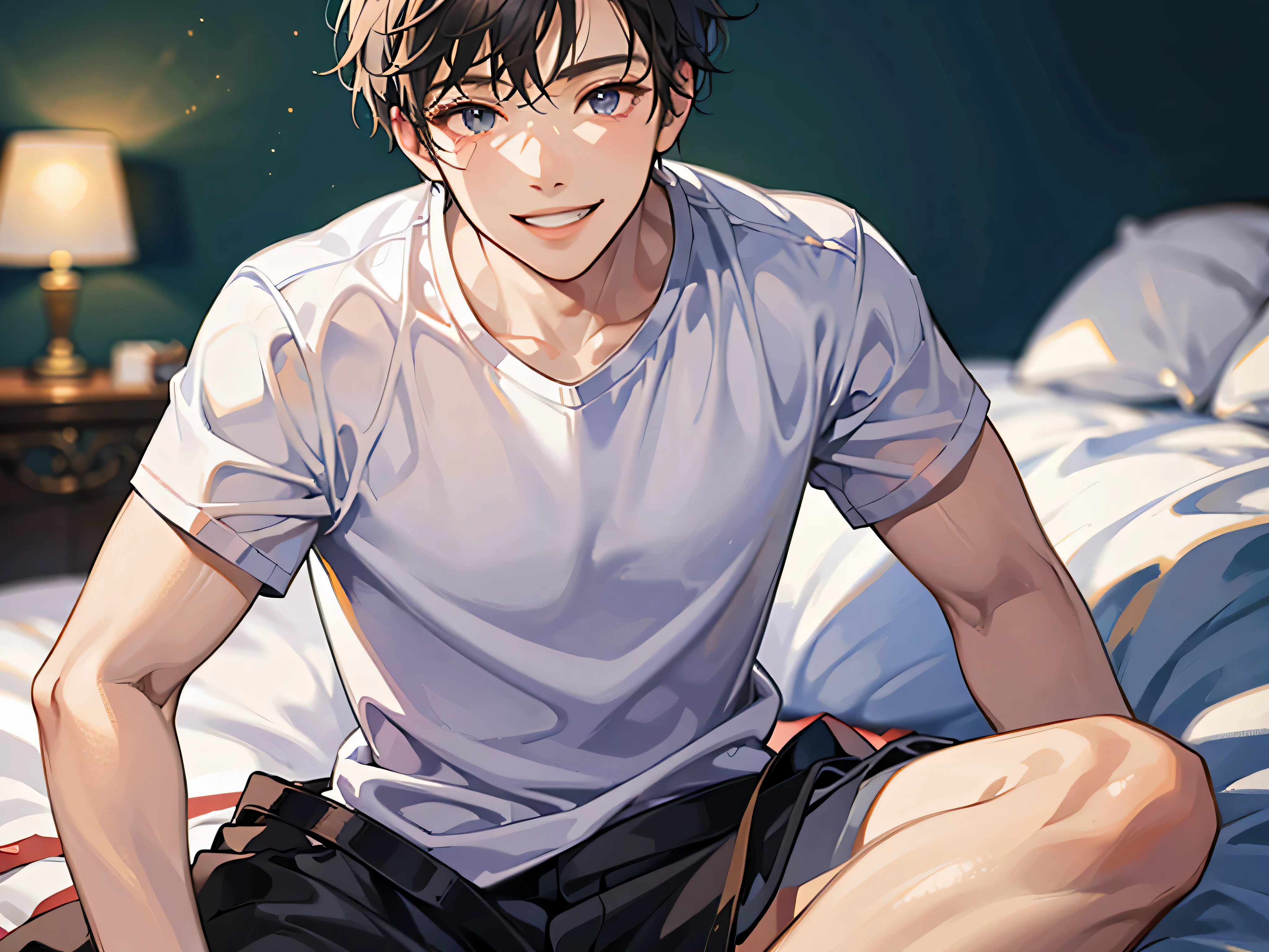,male,masterpiece, high quality, 最high quality, hd,perfect lighting, detailed face, detailed body, 1 person, short black hair, white t-shirt, (smile: 1.5), sitting, bed, in the room,night