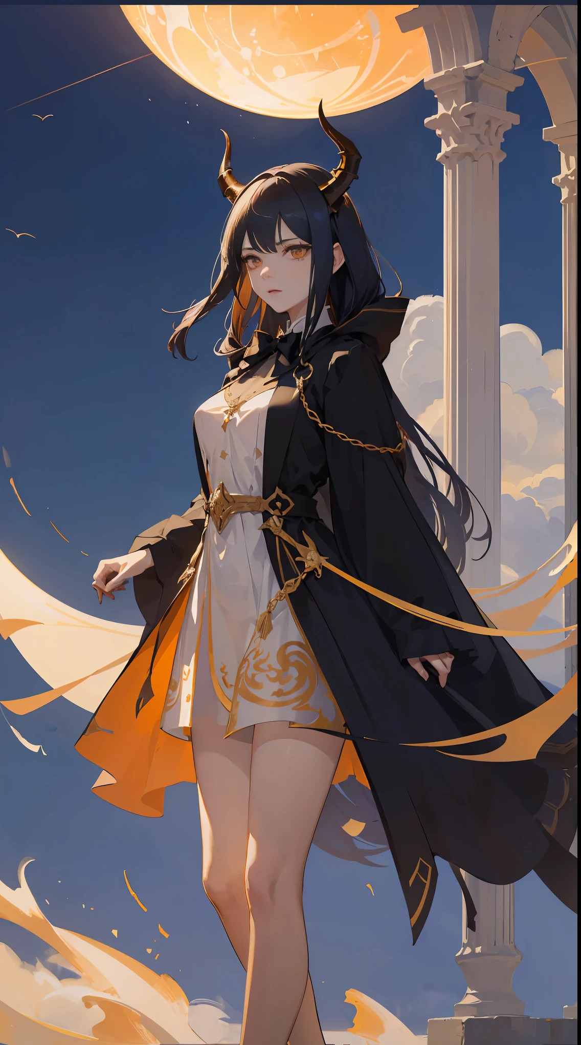 Seven Rhaeyar, Ancient Star goddess, Perfect female anatomy (Adult Female, 166cm in height, pale skin, slim, slender, 34D breast size, Dark Orange Eyes with beautiful details, Long Straight Black Hair, Beauty Mark Mole on right cheek bone, a set of black horns on her head), Neutral facial expression, Elegant white dress with black bow tie, blue coat knee length, dragon motifs, gold and rope accessories, View of the open blue sky with only clouds, receiving light from the front, Ethereal glow