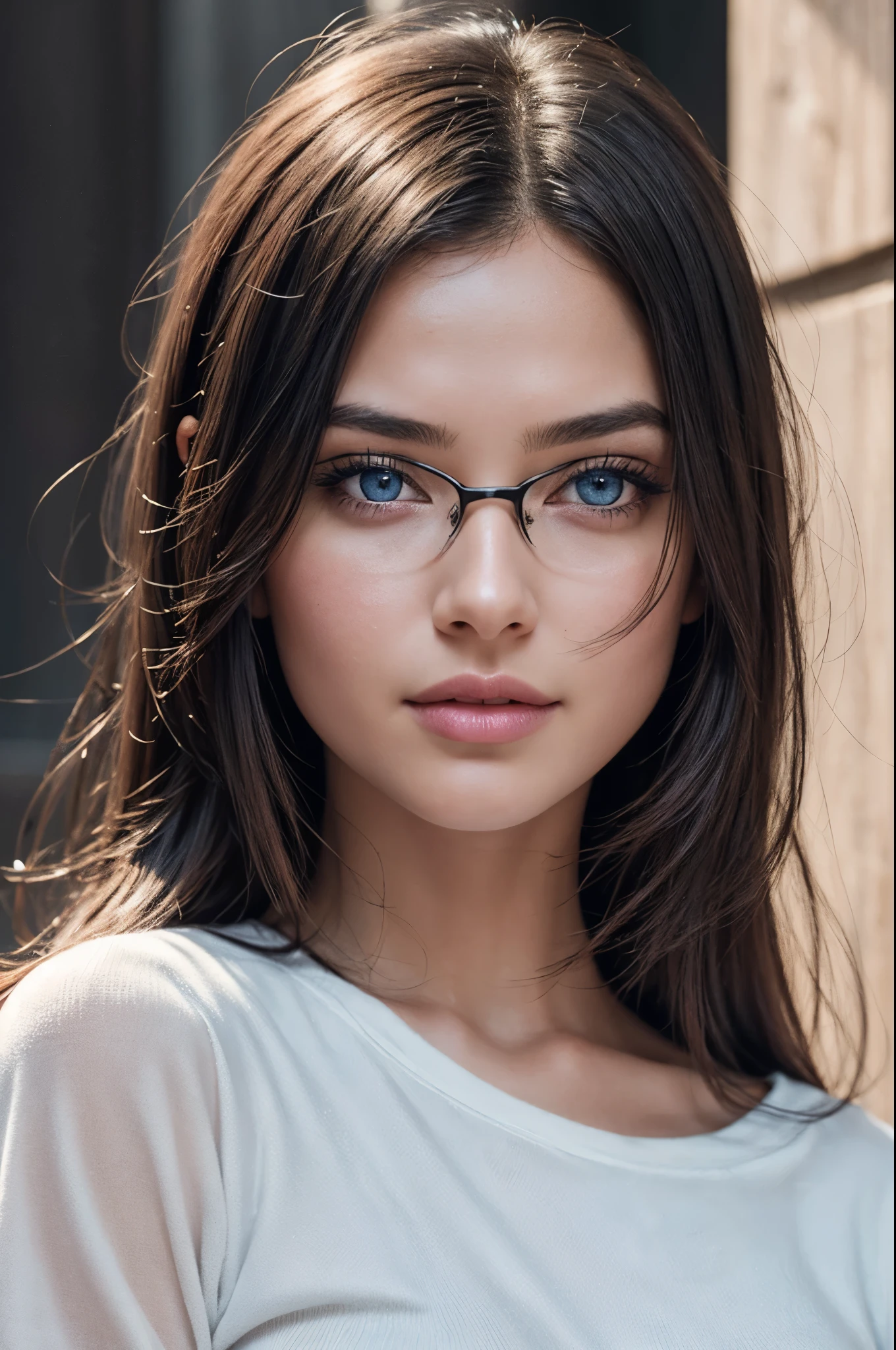 Pure black hair, (Waist-length hair), glowing hair, Detailed hair, Blue Eyes, beautidful eyes, extremely detailed eyes and face, Beautiful detailed eyes, Ultra-detailed, light on the face, Fair skin, a 22 year old girl, perfect pose, glasses, wearing an oversized white t-shirt, looking up at viewer, sad, Innovative Design, dynamic angle, perfect view, The perfect angle, Professional Quality, Very detailed octane rating, render, Ray tracing volumetric lighting, The perfect body, perfect faces, perfect hand, perfect fingers, perfect breasts, 8K high resolution, perfect composition, perfect light, perfect body type, realistic bimbo, Carmelto Indentation, Full body portrait close-up detail realism Pixiv animation trend realism trend civilization, display perfect teeth, happy