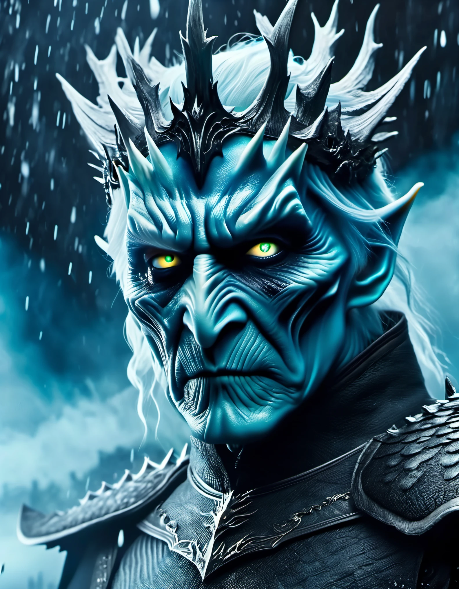role conception,portrait,The appearance of the Night King is full of mystery、Cold and strong sense of power,The appearance of the Night King is very unique。His face is like a withered bone,Gives people a dead and cold feeling。His figure is like a long sword,Tall and straight,Revealing a kind of majesty and strength。His skin is whiter than milk,In stark contrast to his overall image。 The Night King's eyes are deep blue,Burning coldly like black ice,It gives an unfathomable feeling。There was a kind of coldness and cruelty in his eyes,suddenly white as fresh snow,Suddenly dark as a long night,Like the ever-changing night sky。The body is dotted with the deep gray green of the foreseems to be telling his mystery and power。 The weapon in the Night King's hand emits a strange faint blue light,A light that seems to shine in the darkness。In a fight,His weapons make sounds like animal wails that exceed the limits of human hearing.,It's scary。When the Night King Meets His Nemesis Dragonglass,He will bleed blue blood,This is one of his unique physical characteristics。