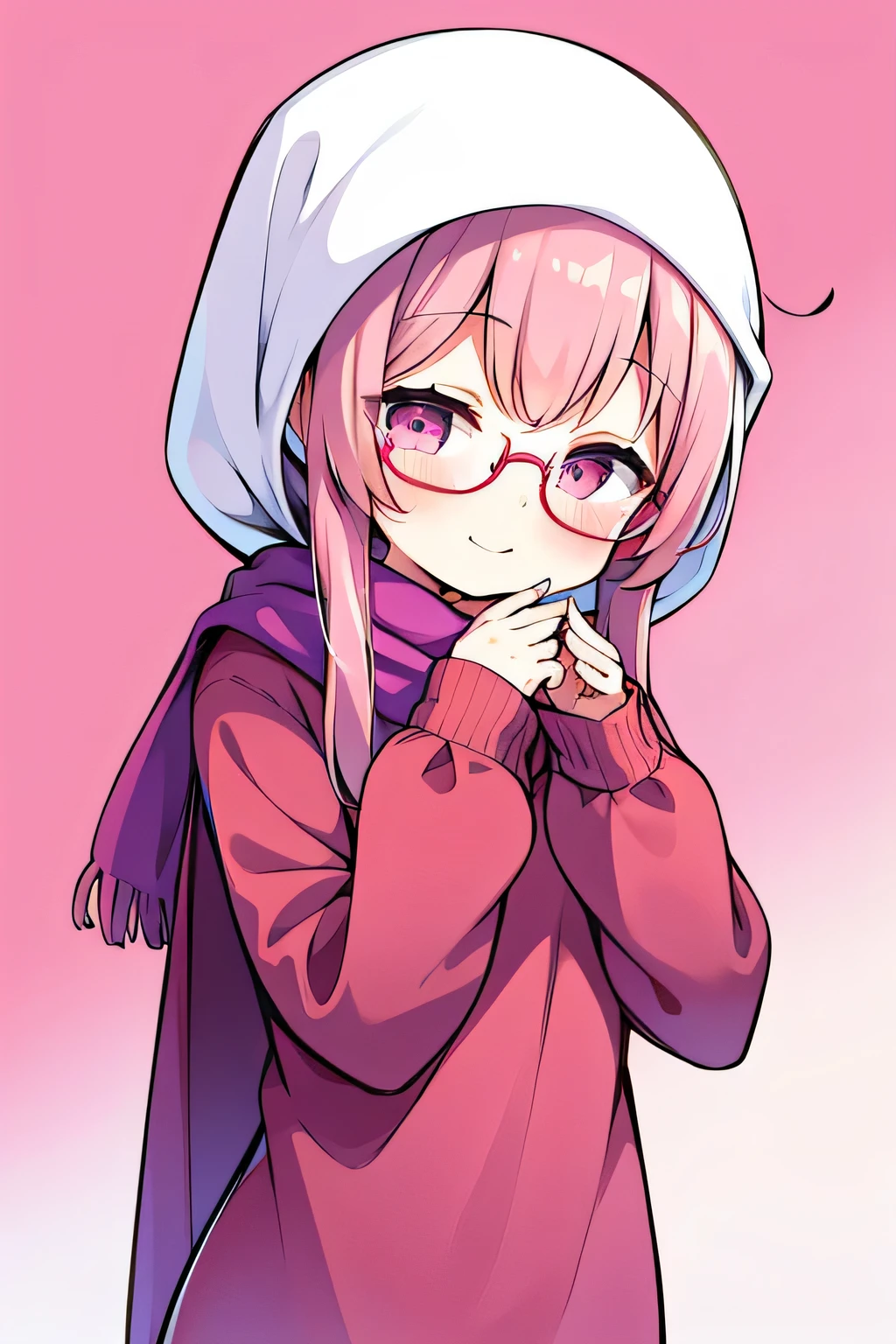 1girl, medium hair, pink hair, pink eyes, wearing casual outfit, pure long hair, in-house, hair flower ornaments, smile, wearing round glasses, close eyes, pink background, wearing full pink hijab, covered hijab