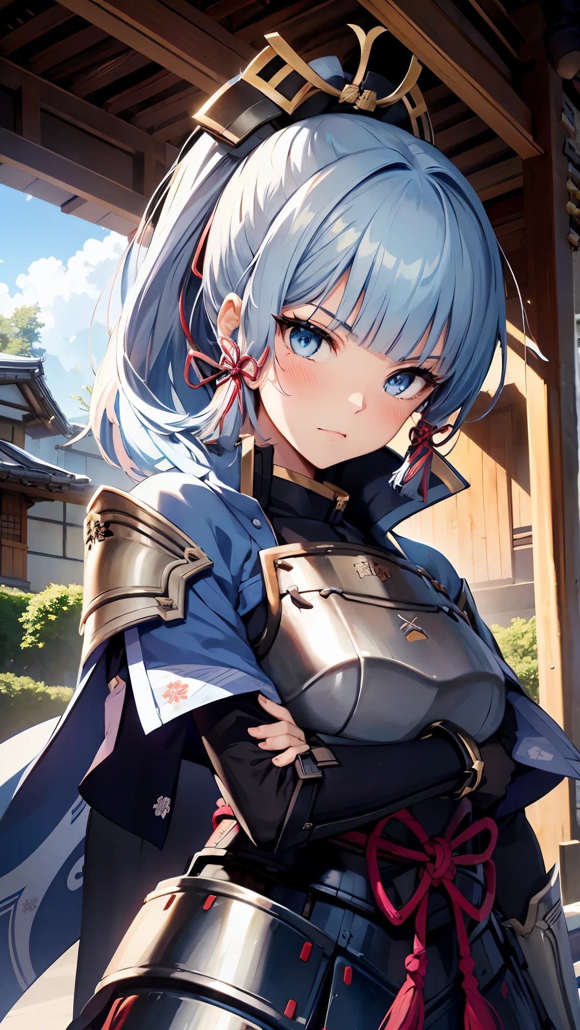 look at viewer, 1 girl,  best quality, blue hair, blue eyes, Japanese-style armor, sword in hand, Electrical, kamisato ayaka, whole body, blush, serious face、Super detailed、High level image quality、High resolution、Depth of the bounds written、castle town,Japanese sword with long blade