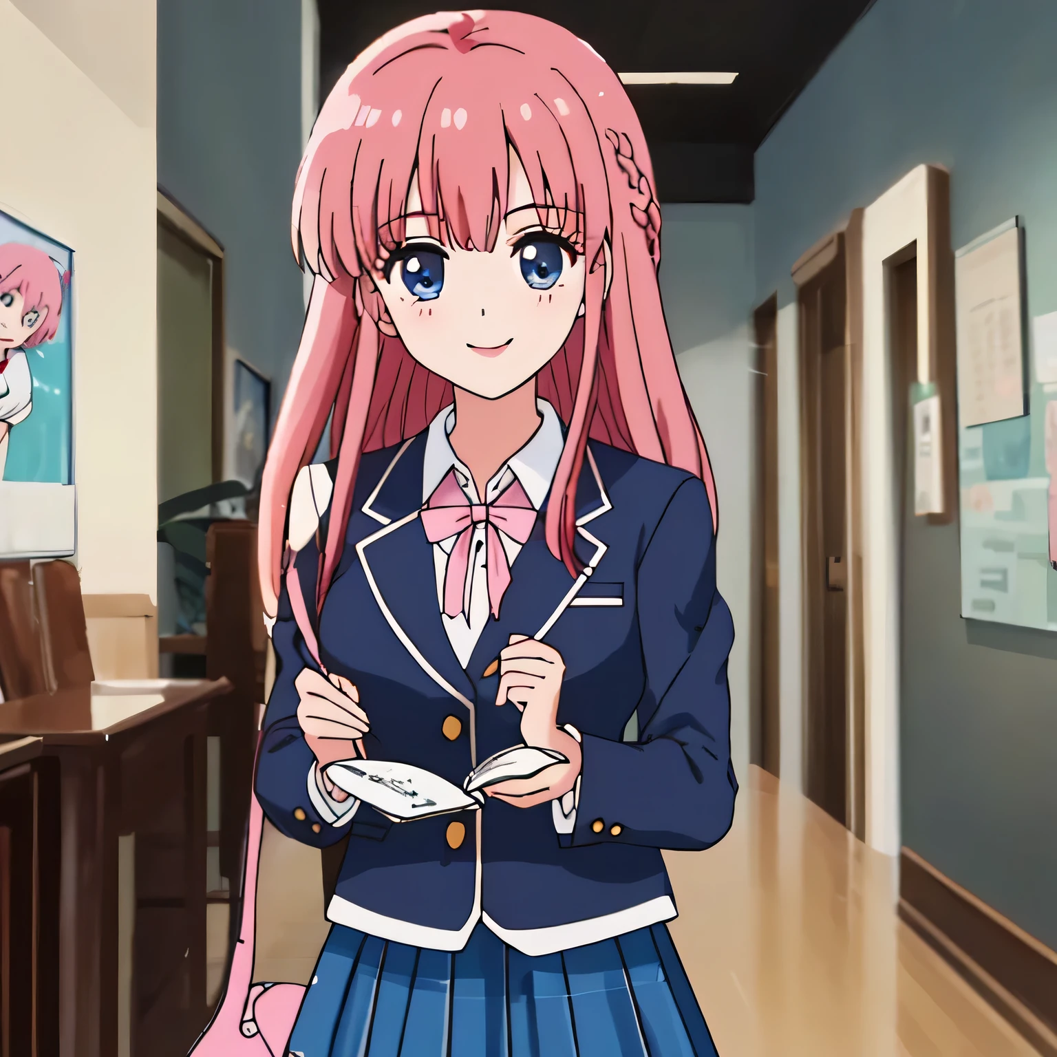 highest quality, (masterpiece:1.2), very detailed, One polite girl looks at the viewer and smiles., Glossy lips that make you want to kiss, nice smile, clear blue eyes, (((pink hair))), 18-year-old, school uniform, Dark blue and navy plaid skirt, middle long skirt, white shirt, Luxurious navy blazer with a golden patch on the left chest, big school ribbon tie, very shiny hair、laughter、bright look、Your face and hair shine in the light, The corners of the eyes are drooping, I'm so happy I can jump up, The expression of a maiden in love, (((bob hair))), The long skirt fabric has a beautiful deep blue checkered pattern.., A gentle and cute expression staring at the viewer, double eyelid, ((long eyelashey lower eyelashes are also long))