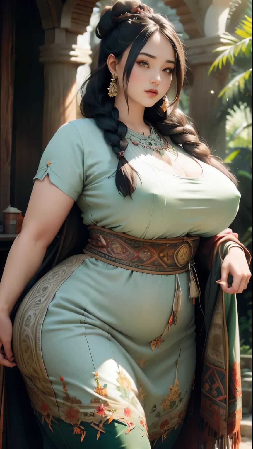 1girl, huge breast, black hair, green eyes,high quality, ultra detailed, masterpiece, realistic, gamis clothes,braid,standing, slightly fat arms , slightly fat belly