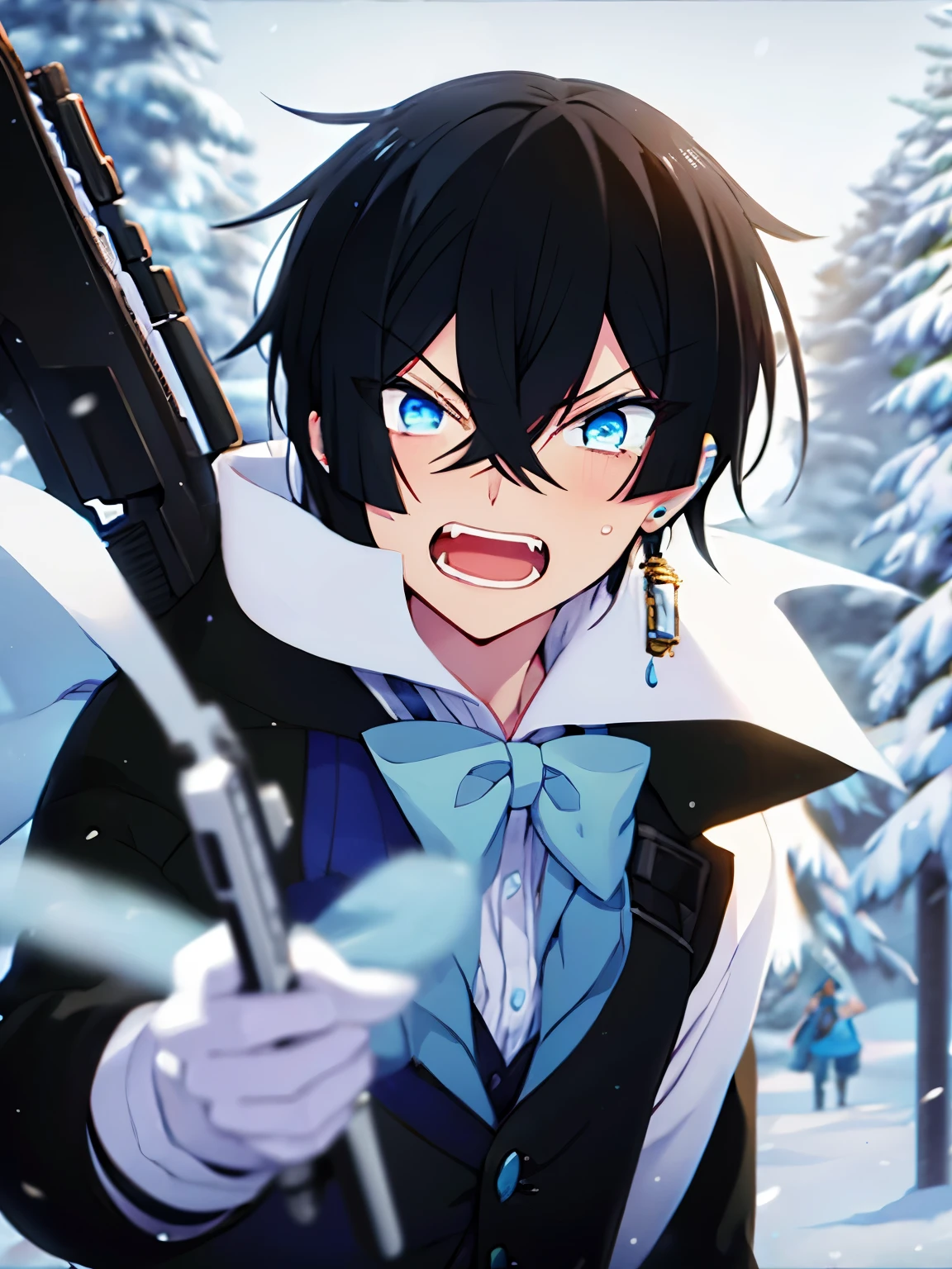 1boy,vanitas no carte,angry expression,Teeth showing, annoyed expression,Holding a firearm, shooting,Aiming at the viewer, at the north pole, snow storm