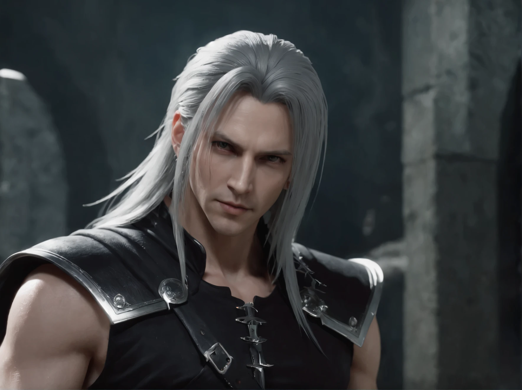 A realistic full body image of a Sephiroth from FFVII Rebirth, in a war background, detailed face, detailed eyes, perfect composition, beautiful detailed intricate insanely detailed octane render trending on artstation, 8k, masterpiec