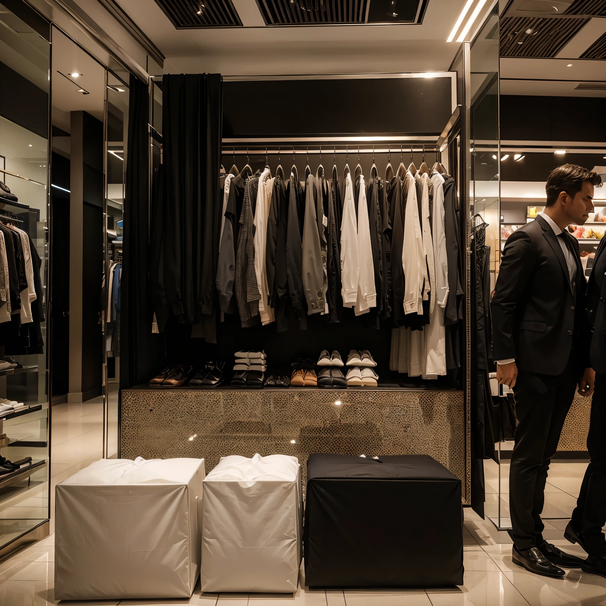 Uma loja de luxo que vende roupas caras (de grifes) em um shopping